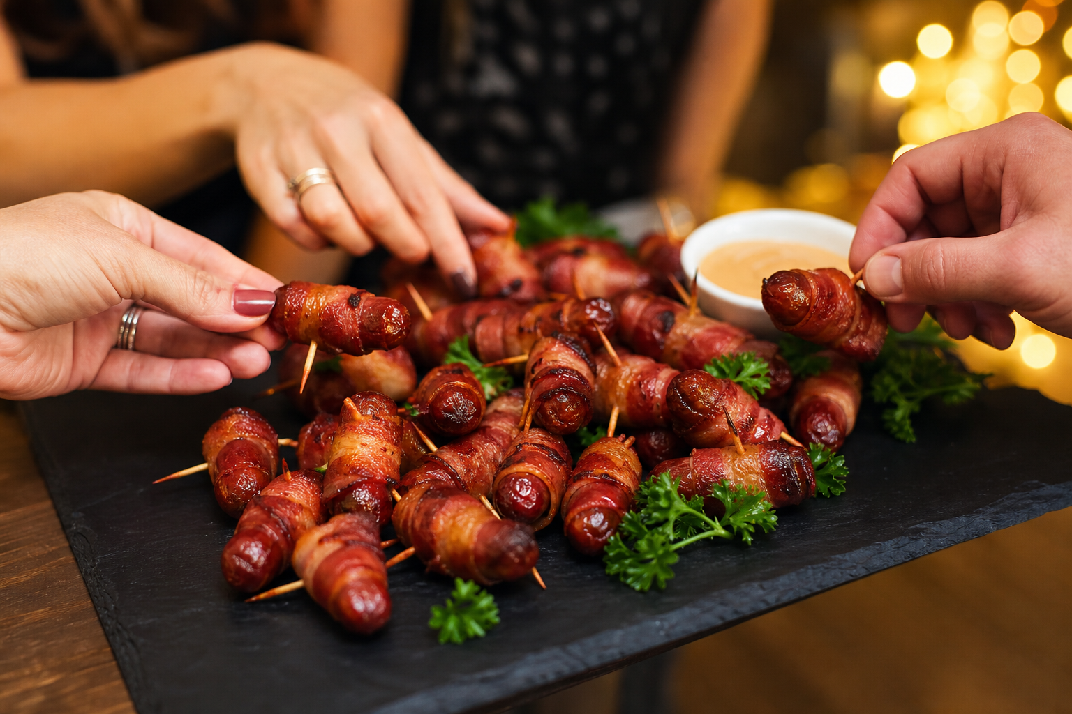 A party platter of bacon-wrapped smokies being enjoyed by guests at a gathering