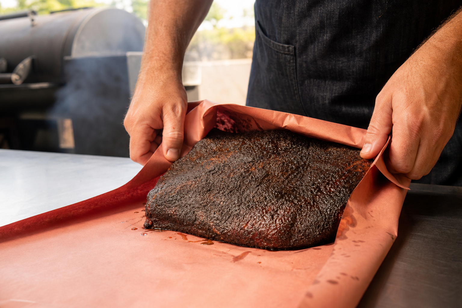 Brisket with dark bark being wrapped in pink butcher paper on a prep table