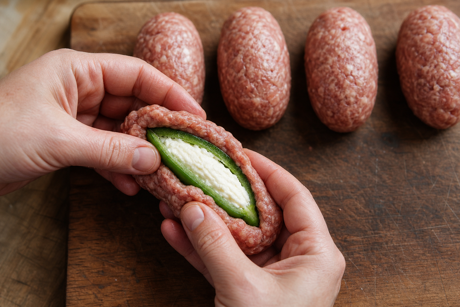 Hands wrapping a stuffed jalapeño in raw sausage meat on a wooden cutting board