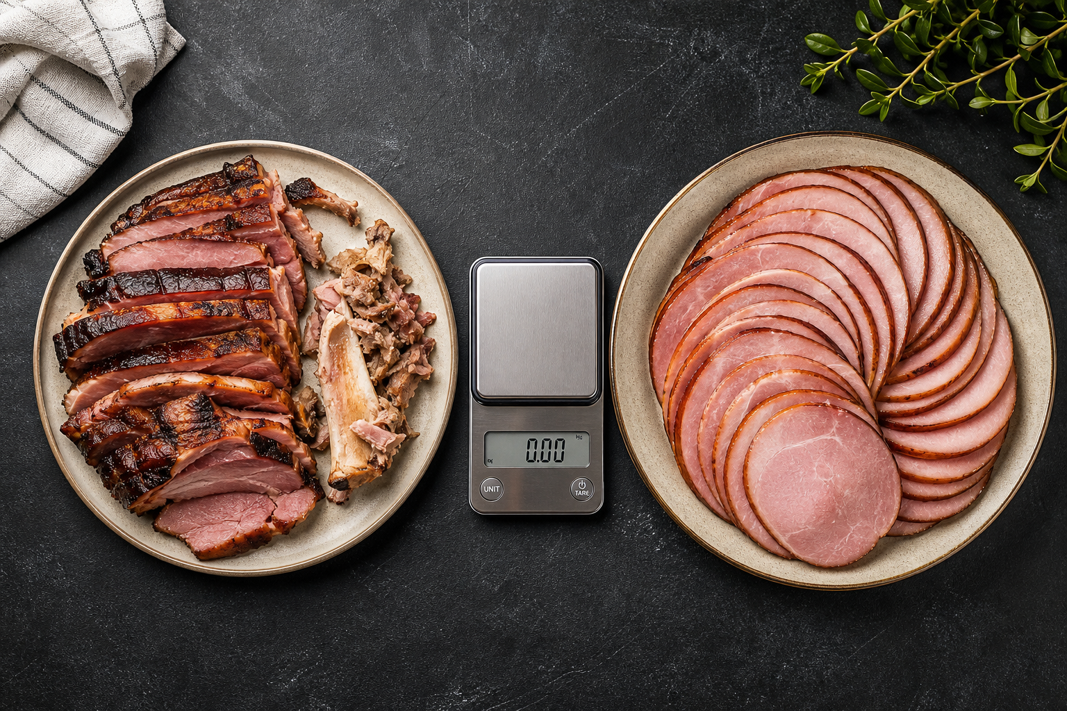 Picnic Ham vs Spiral Ham: Which Is the Better Value 8 Overhead comparison of sliced picnic ham and spiral ham portions on plates with a kitchen scale between them