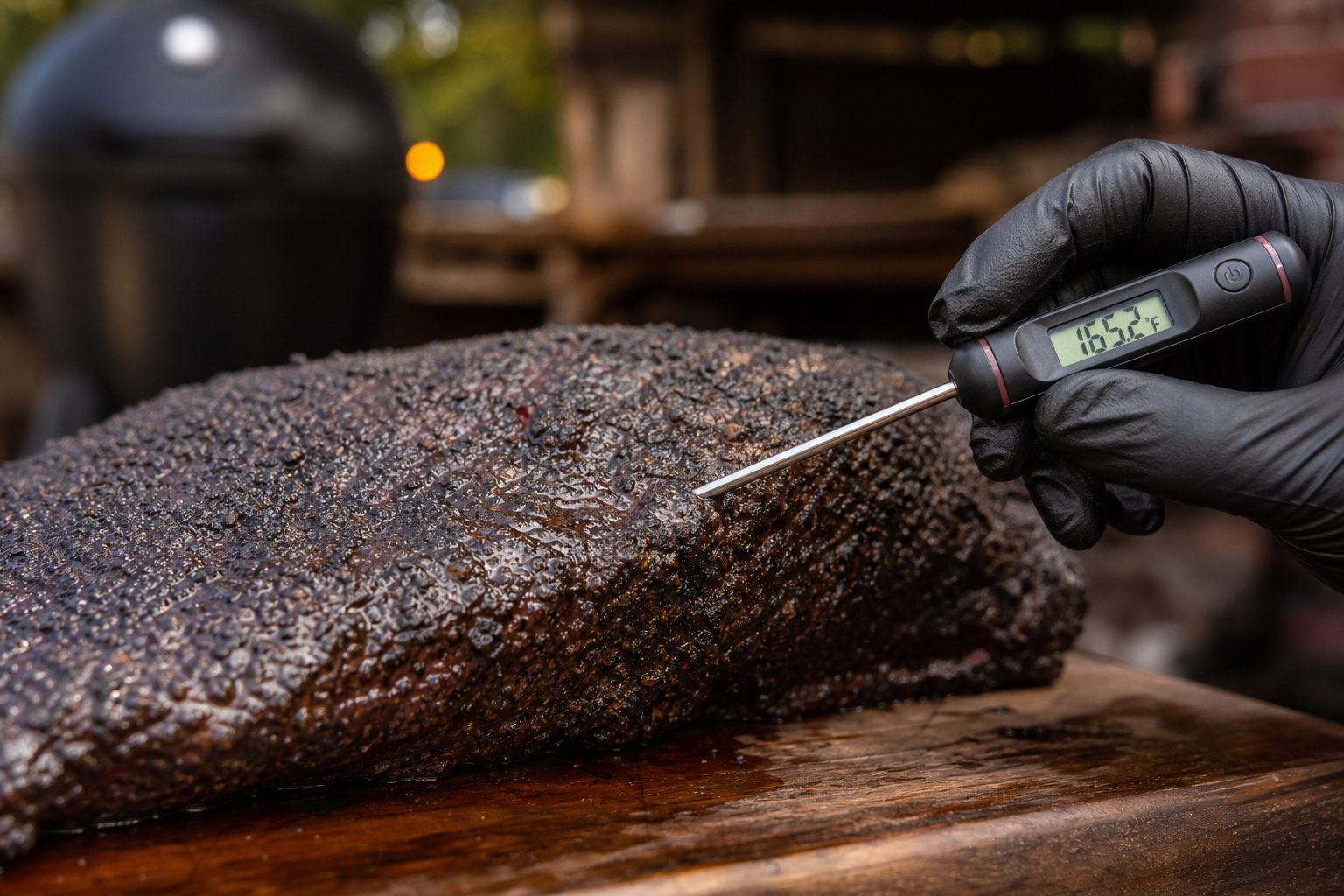 Meat thermometer probe being inserted into the flat of a smoked brisket