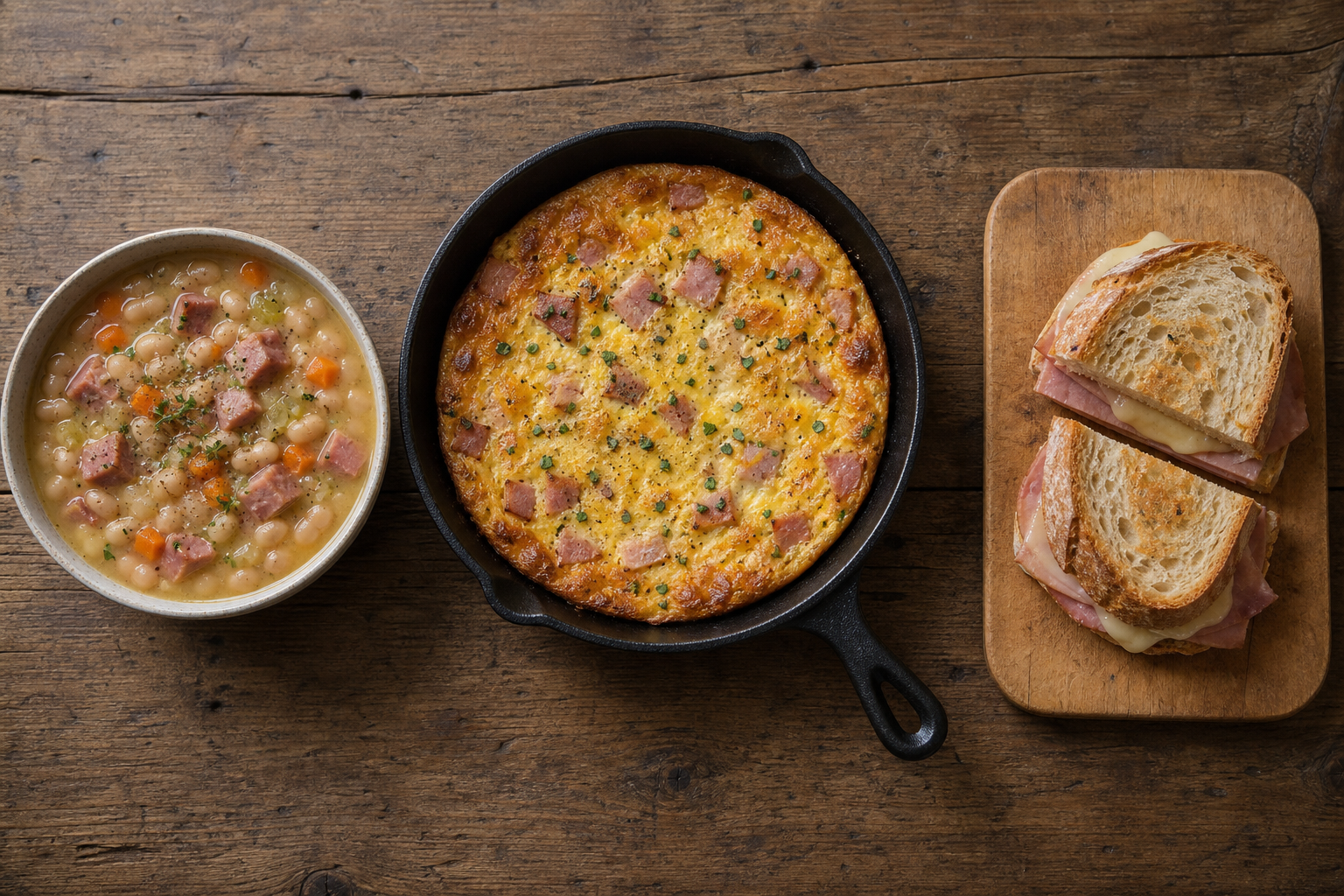 Three separate leftover ham meals arranged on a wooden table: soup, frittata, and a sandwich
