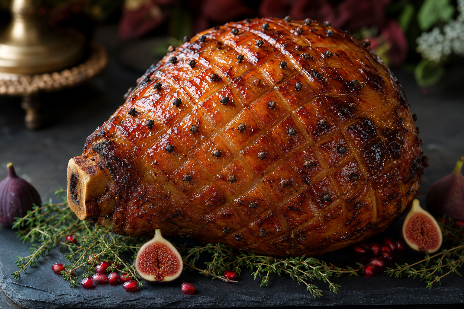 12 Holiday Ham Serving Ideas 14 Whole glazed holiday ham with diamond score pattern, cloves, figs and pomegranate seeds on slate board