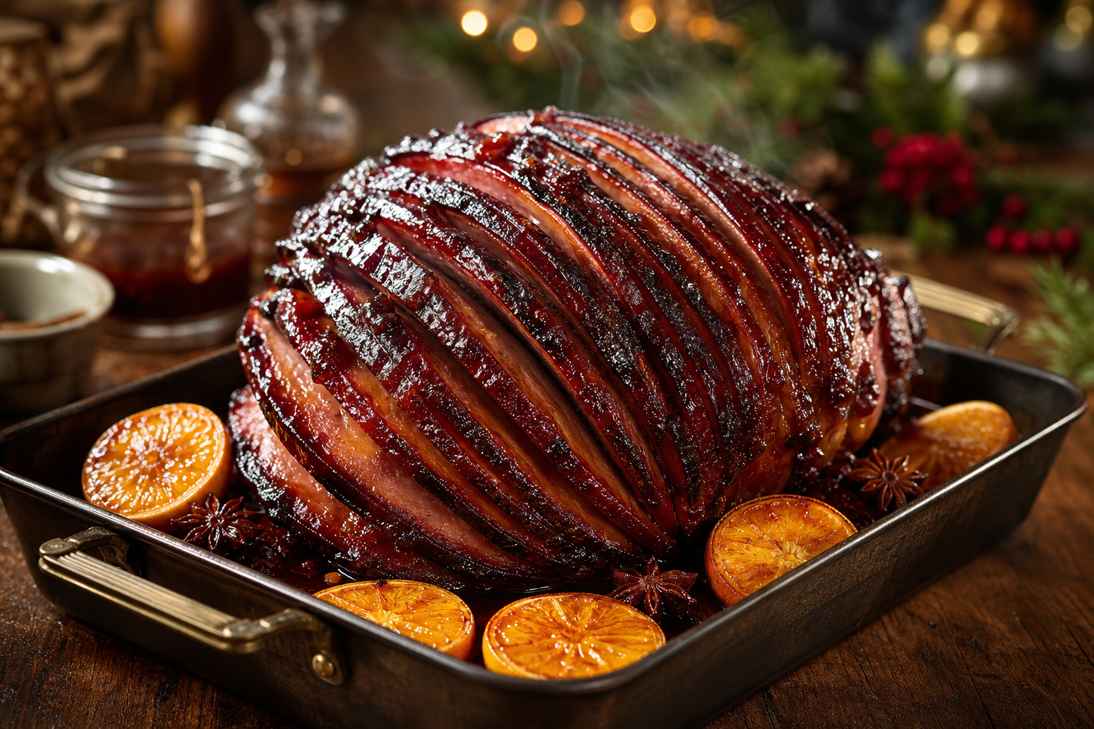 12 Holiday Ham Serving Ideas 15 Spiral-cut holiday ham with dark cherry brown sugar glaze surrounded by orange halves and star anise