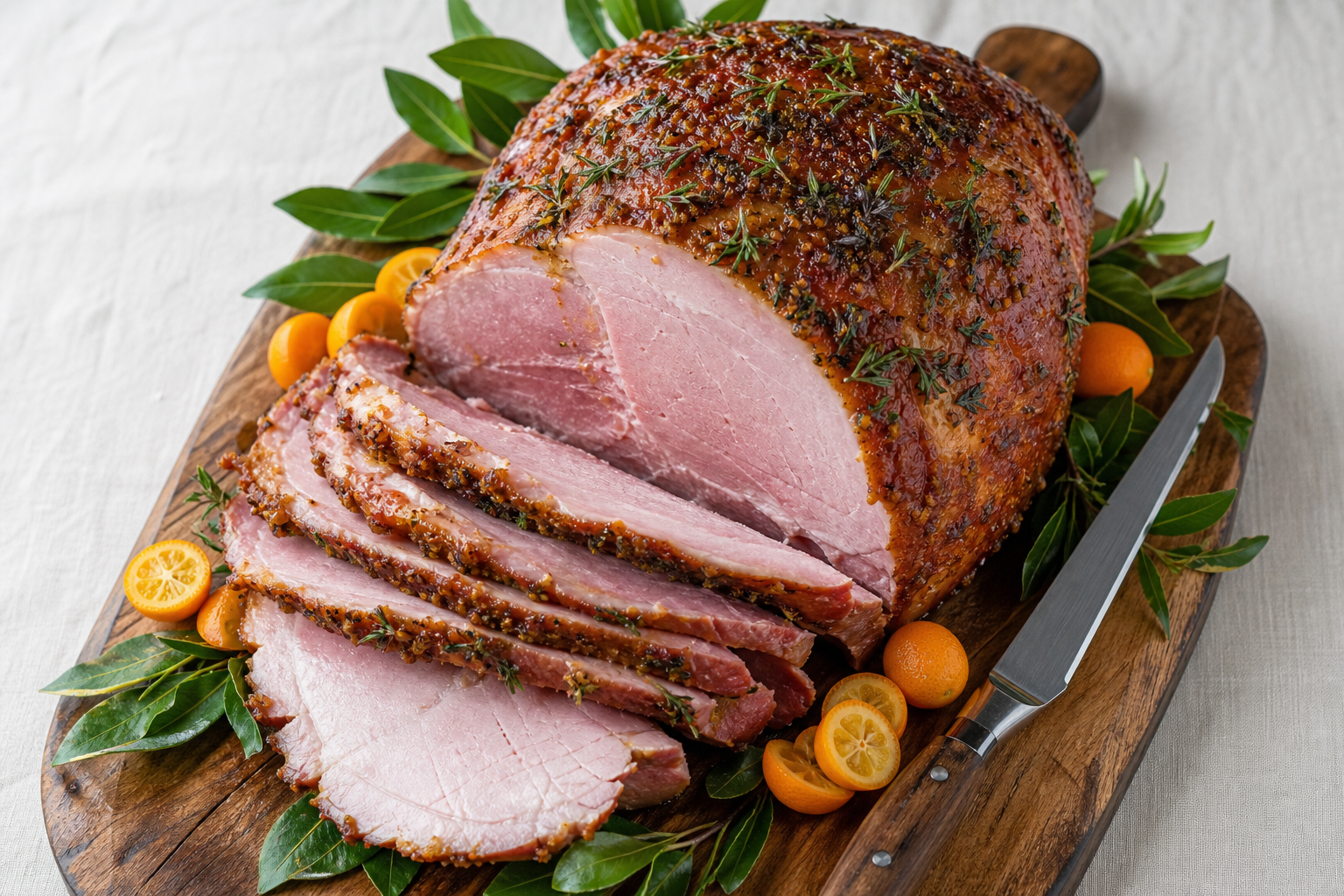 12 Holiday Ham Serving Ideas 16 Whole fresh ham with maple dijon herb crust on wooden board with kumquats and carved slices