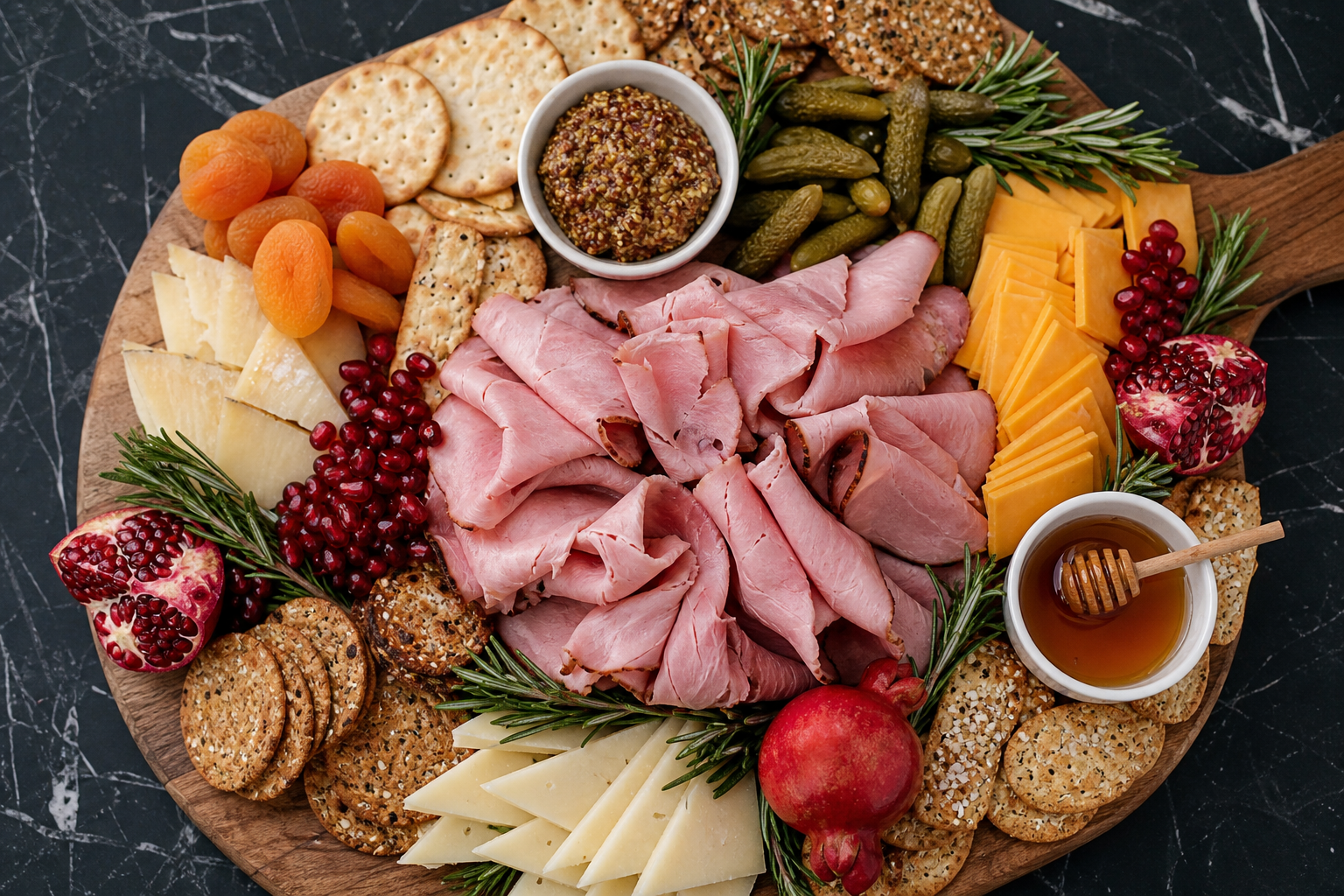 12 Holiday Ham Serving Ideas 23 Holiday ham charcuterie board with aged cheddar, manchego, cornichons, dried apricots and pomegranate on dark marble