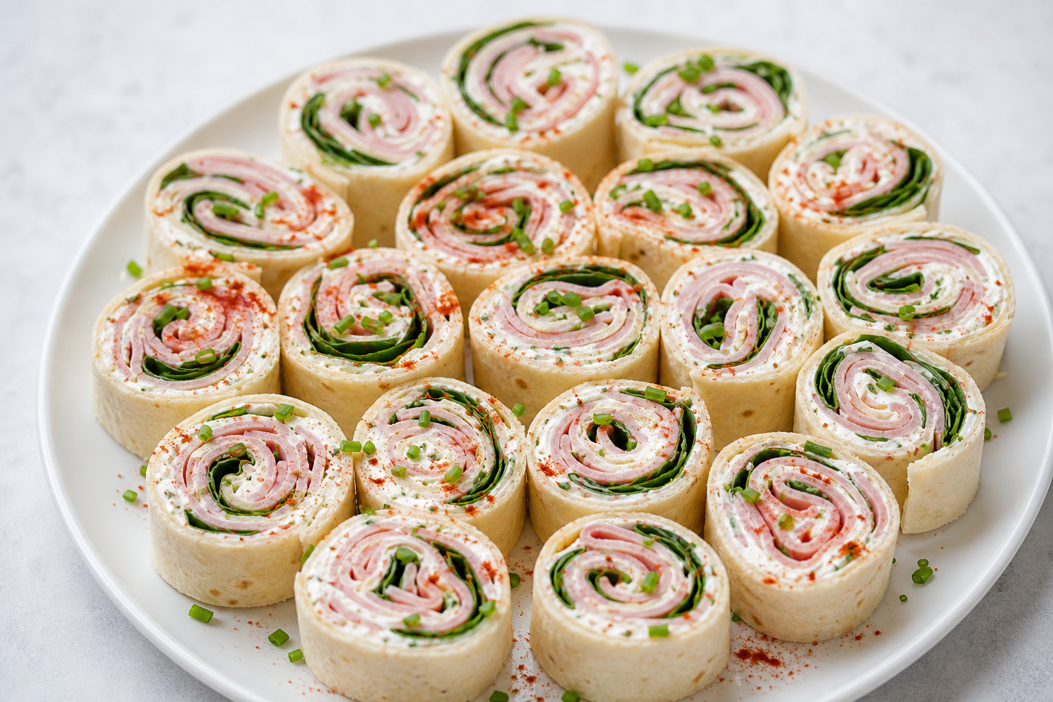 12 Holiday Ham Serving Ideas 24 Ham and cream cheese pinwheel appetizers on white plate showing spiral cross-section with spinach and paprika