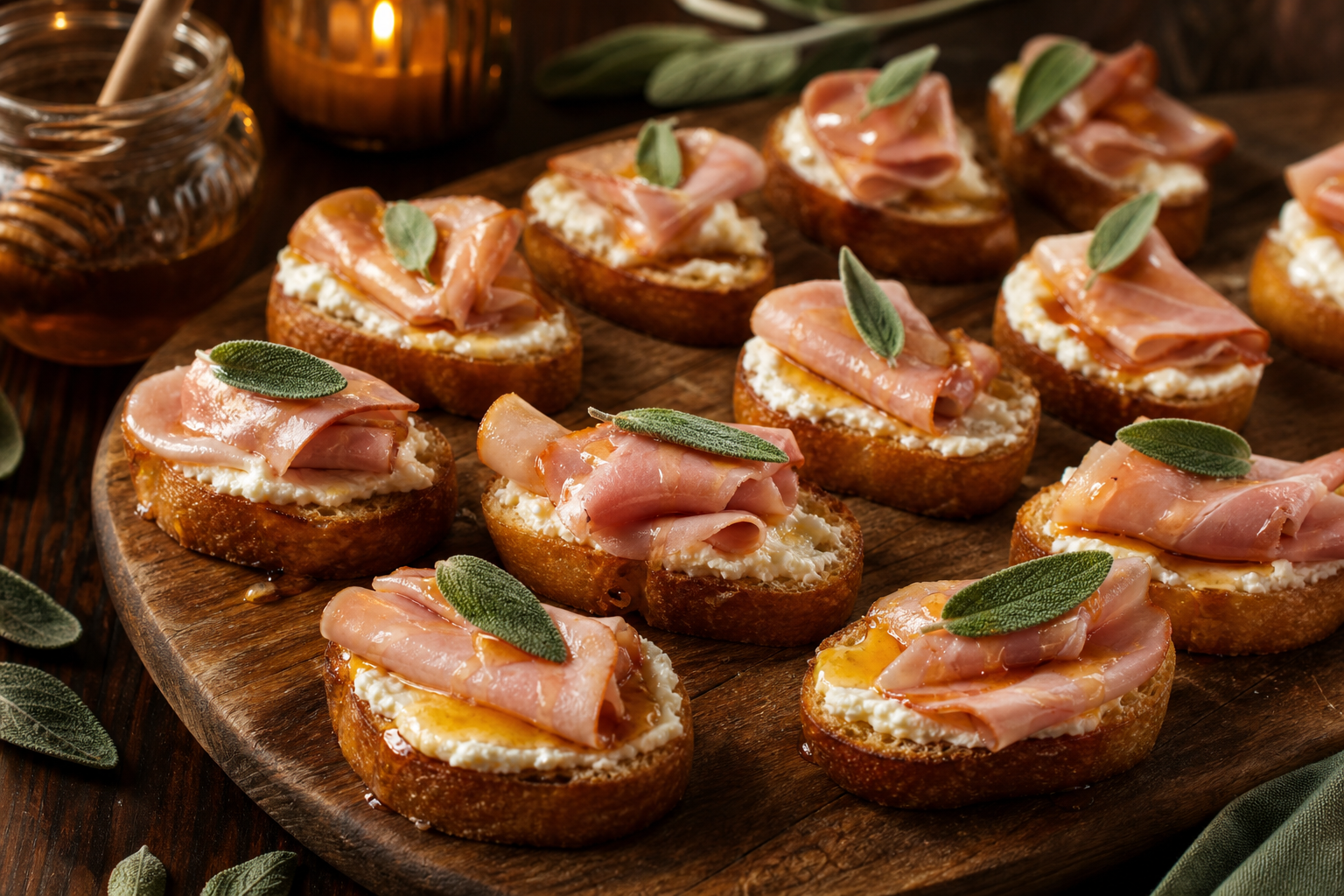 12 Holiday Ham Serving Ideas 25 Holiday ham crostini on wooden board with ricotta hot honey and crispy sage leaves in candlelight