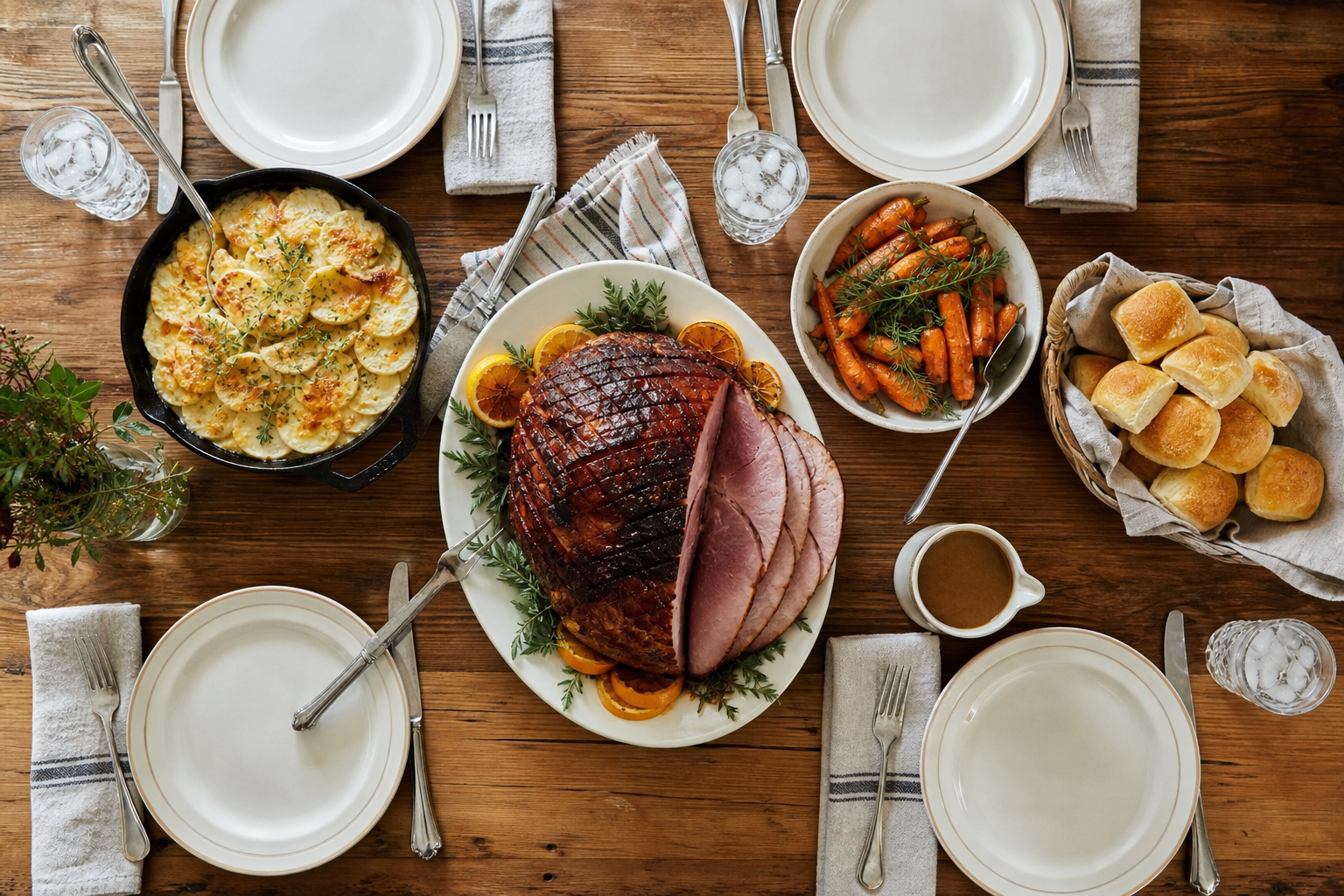 12 Holiday Ham Serving Ideas 17 Overhead holiday ham dinner spread with scalloped potatoes, honey carrots, dinner rolls and gravy on farmhouse table