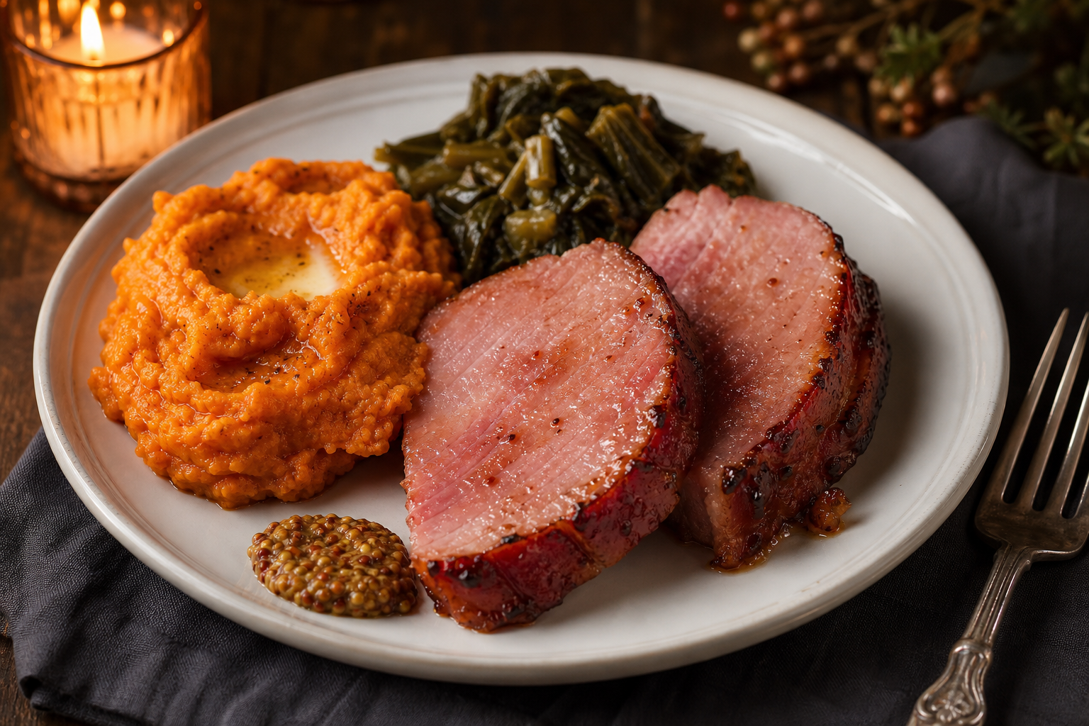 12 Holiday Ham Serving Ideas 18 Holiday dinner plate with glazed ham slices, sweet potato mash, braised collard greens and whole grain mustard
