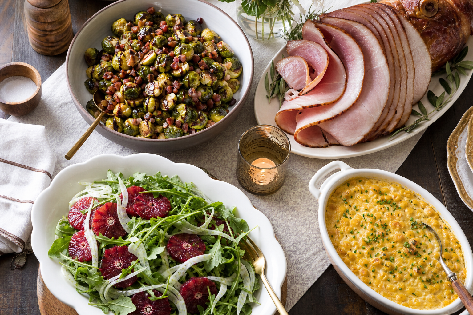 12 Holiday Ham Serving Ideas 19 Holiday side dish spread with roasted Brussels sprouts, ham, corn pudding and arugula fennel salad