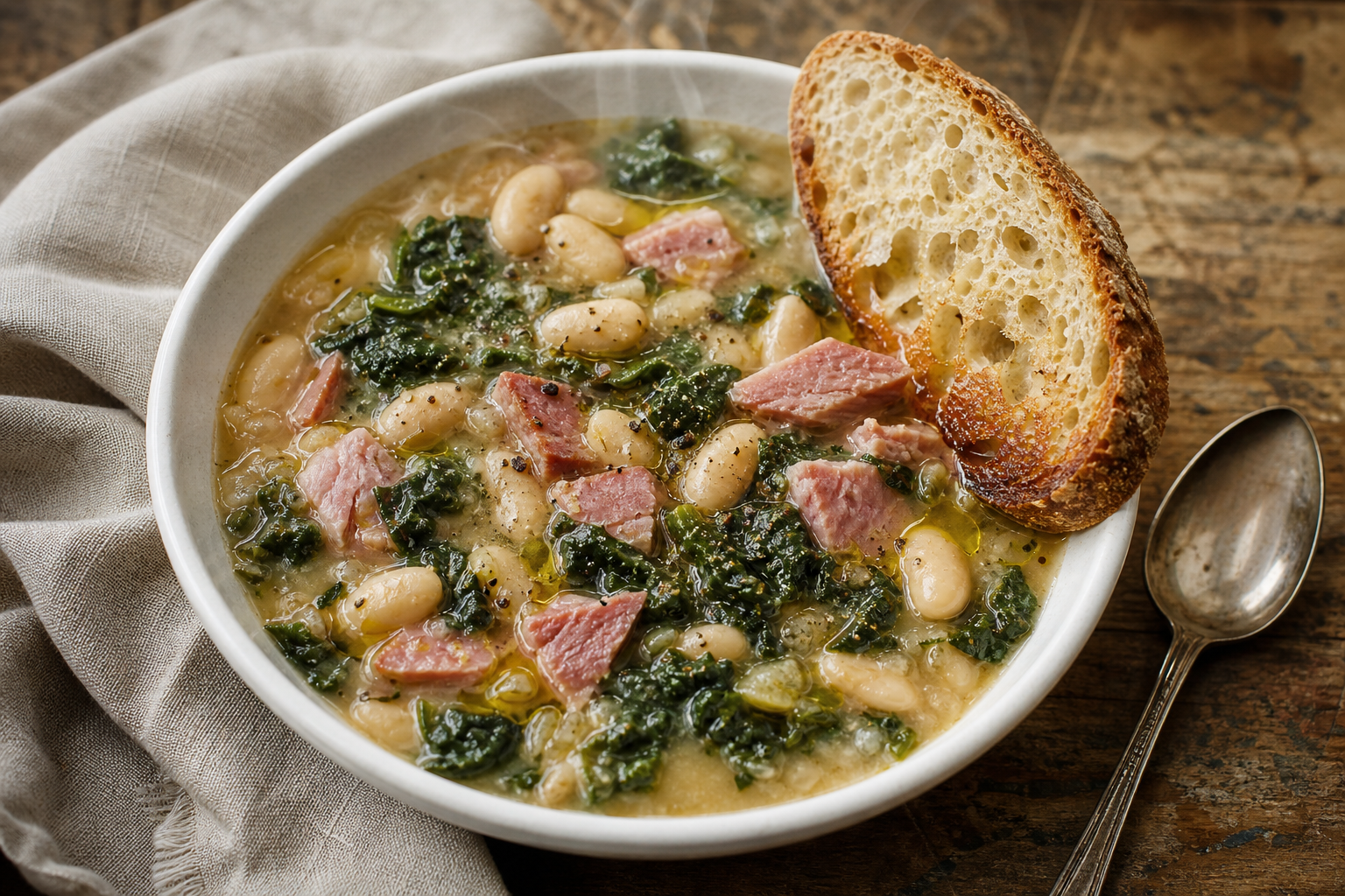 12 Holiday Ham Serving Ideas 20 Ham and white bean soup with kale and olive oil in white bowl with sourdough bread on wooden table