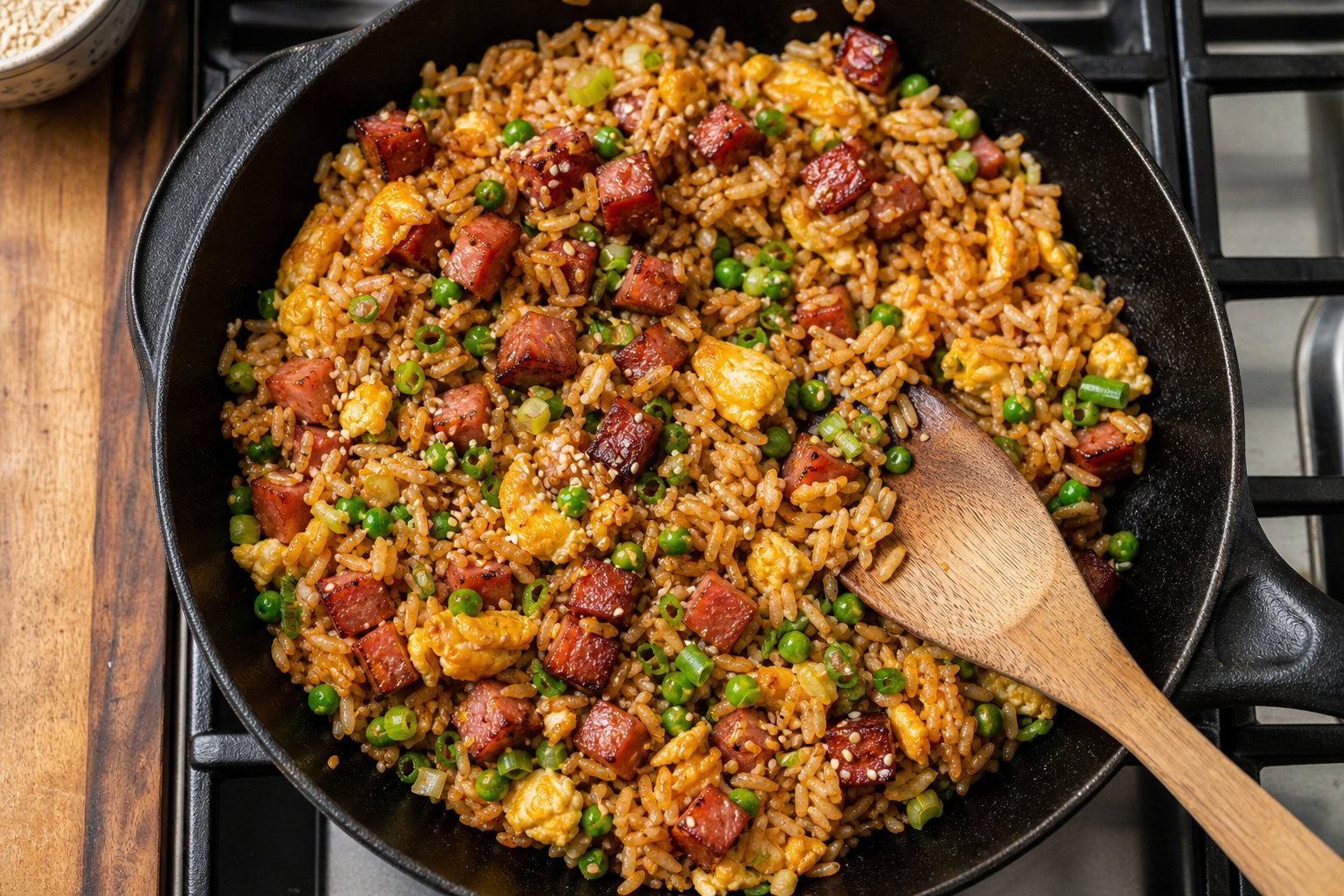 12 Holiday Ham Serving Ideas 21 Cast iron skillet ham fried rice with peas, scallions, scrambled egg and caramelized ham chunks