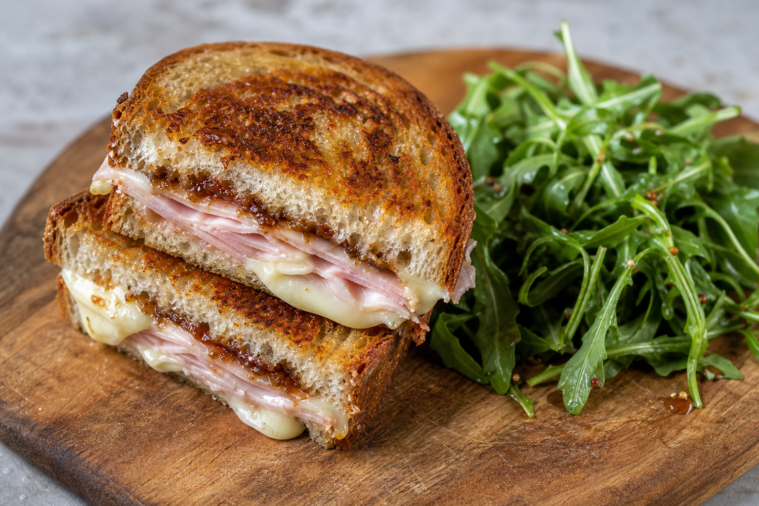 12 Holiday Ham Serving Ideas 22 Leftover ham and brie grilled sandwich with fig jam on sourdough cut diagonally on wooden board with arugula