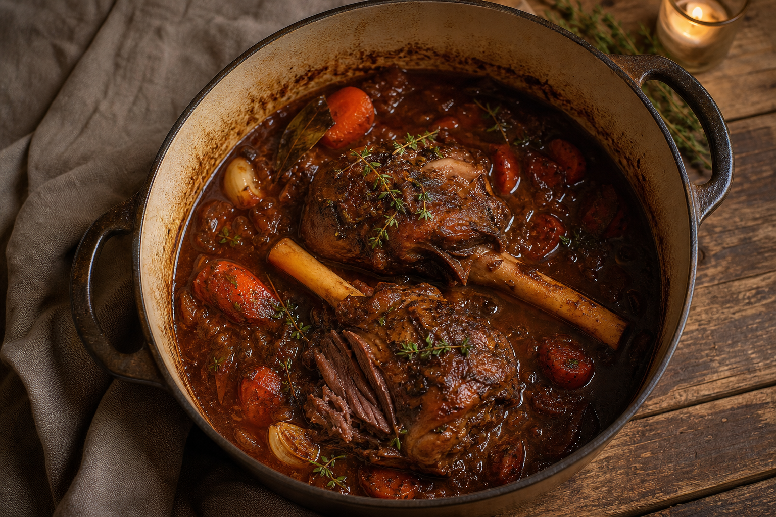 10 Elegant Lamb Dinner Ideas 15 Two braised lamb shanks in Dutch oven with red wine tomato sauce herbs and root vegetables