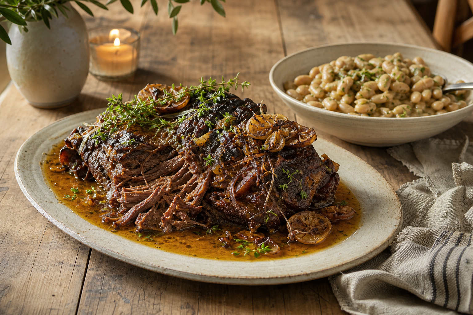 10 Elegant Lamb Dinner Ideas 16 Slow braised lamb shoulder falling apart on ceramic plate with caramelized onions white beans and pan sauce