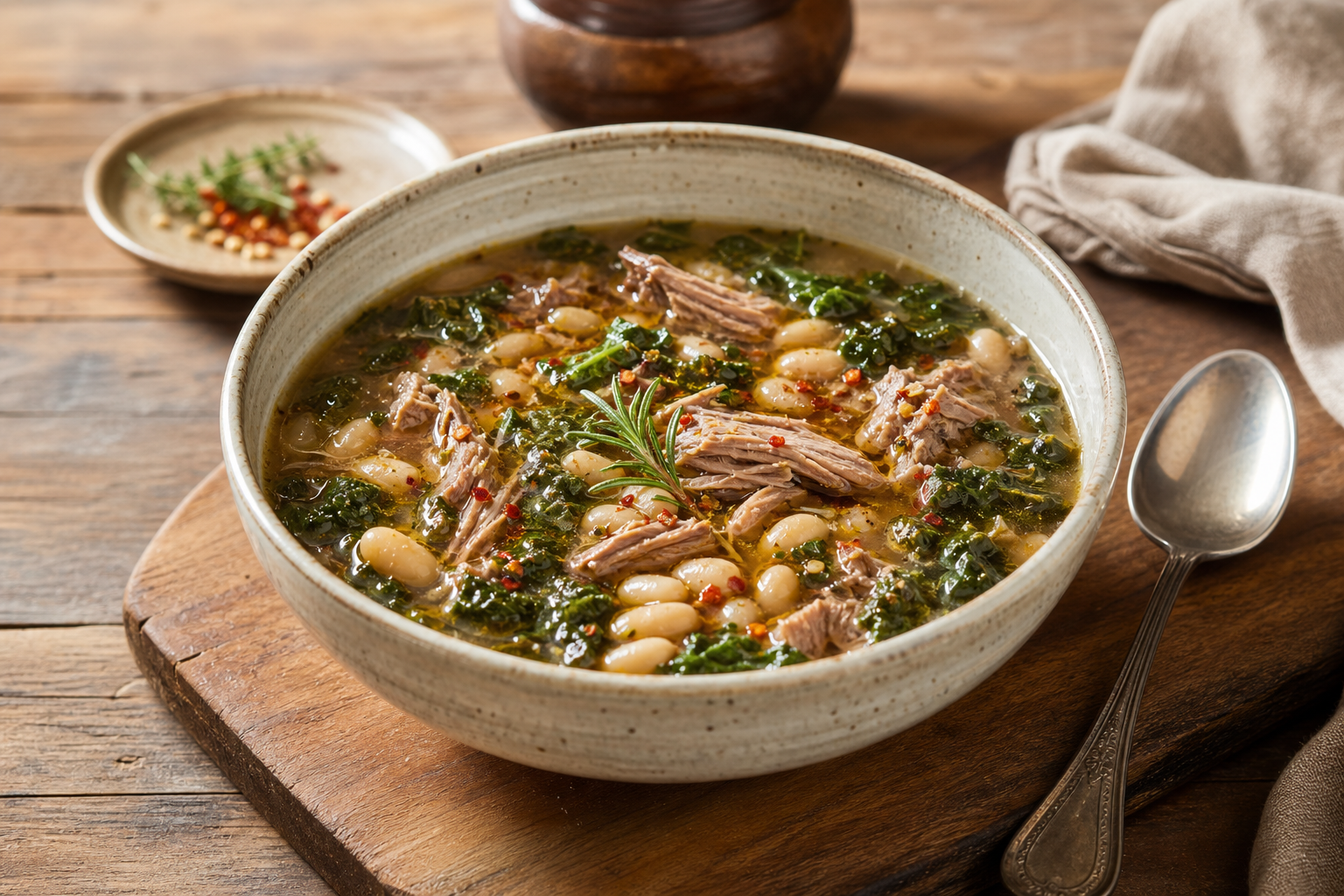 10 Elegant Lamb Dinner Ideas 18 Braised lamb and white bean soup with kale rosemary broth olive oil and red pepper flakes in ceramic bowl