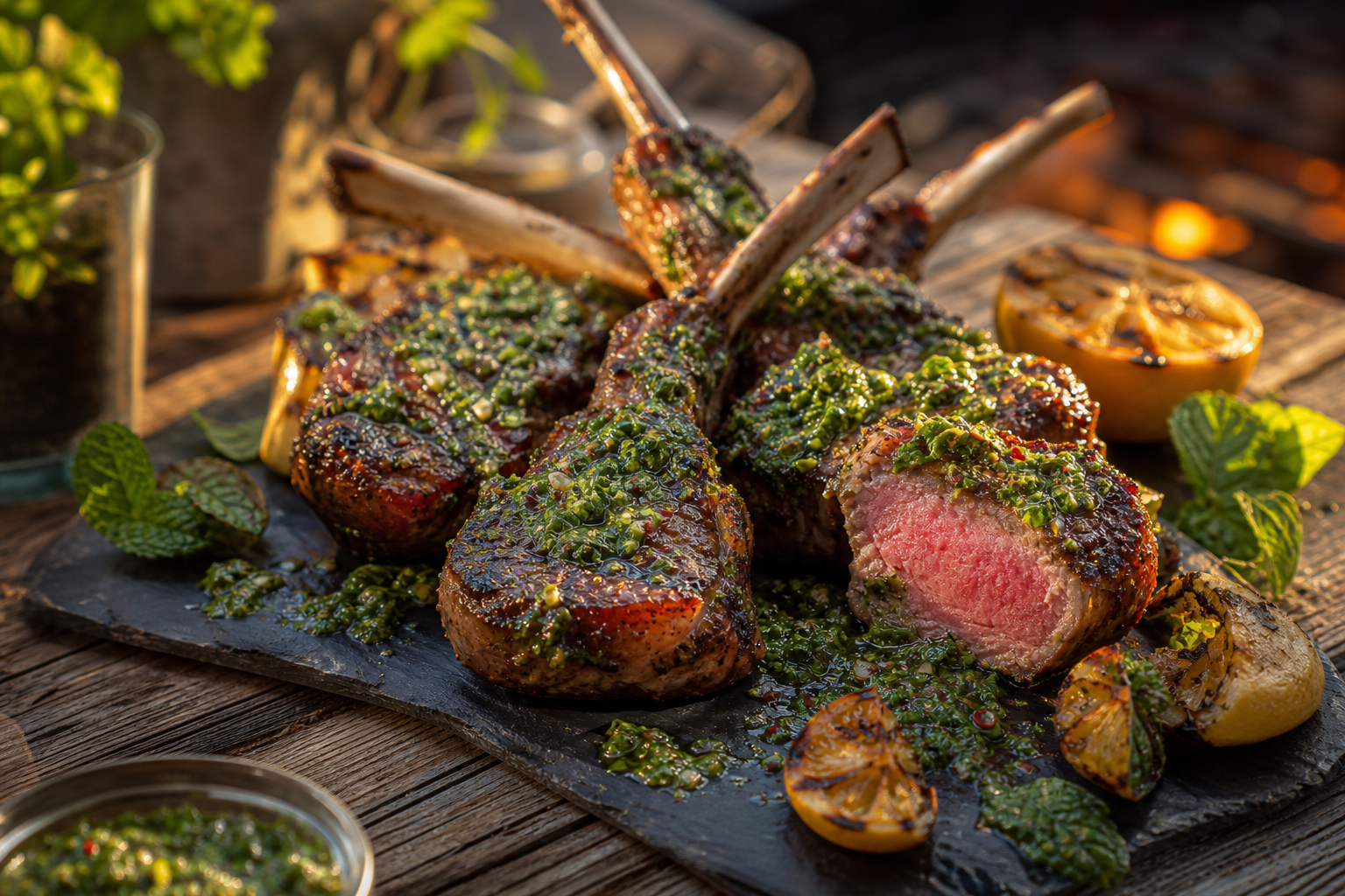 10 Elegant Lamb Dinner Ideas 19 Grilled lamb chops with char marks topped with green mint chimichurri sauce and grilled lemon on slate