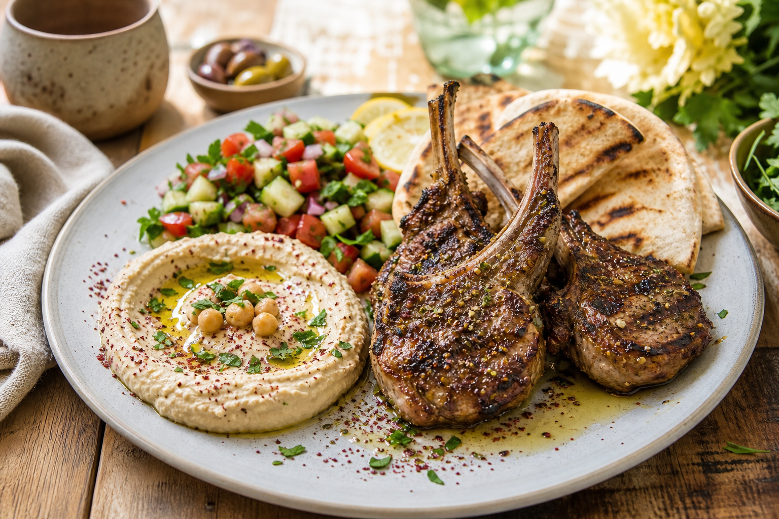 10 Elegant Lamb Dinner Ideas 20 Grilled za'atar lamb loin chops with hummus cucumber tomato salad pita and olive oil on ceramic plate