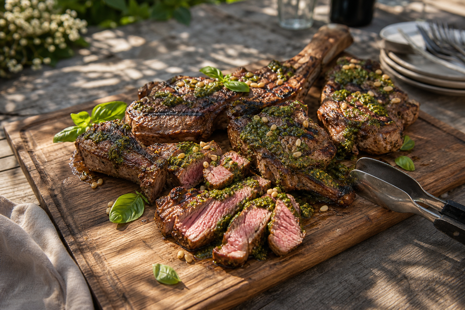 10 Elegant Lamb Dinner Ideas 21 Grilled lamb leg steaks and chops on wooden board with mint pesto pine nuts and fresh basil leaves