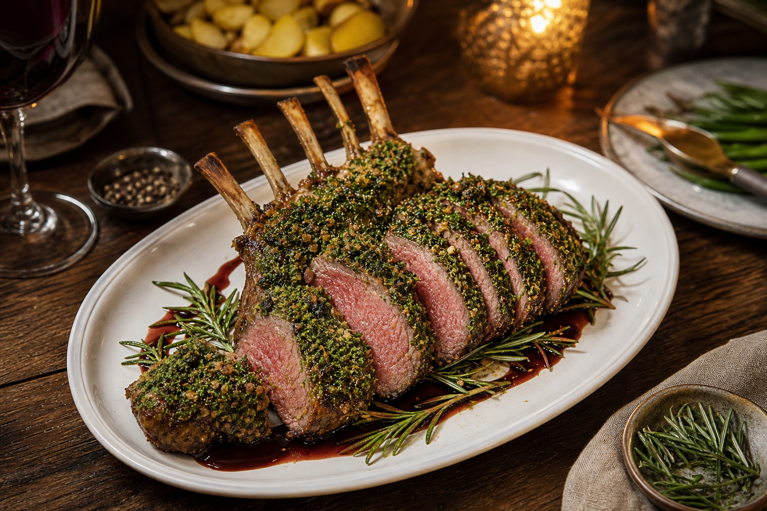 10 Elegant Lamb Dinner Ideas 12 Herb-crusted frenched rack of lamb on white platter with rosemary garnish and red wine reduction