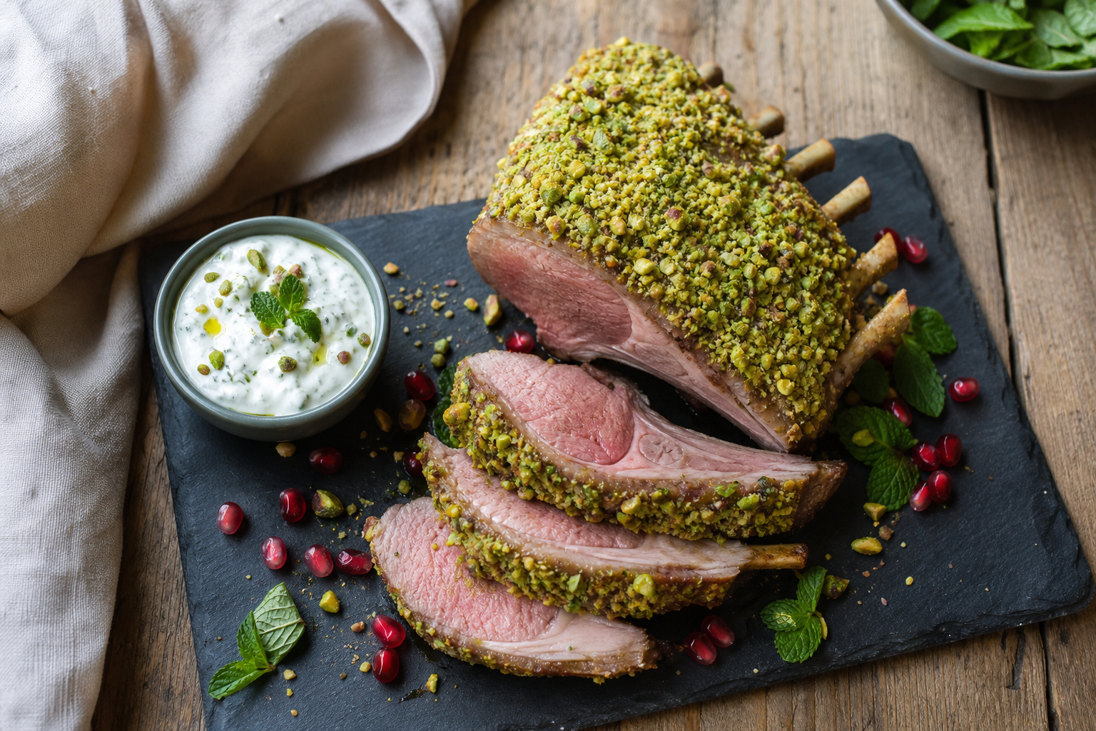 10 Elegant Lamb Dinner Ideas 13 Pistachio mint crusted rack of lamb on slate board with pomegranate seeds and yogurt dipping sauce