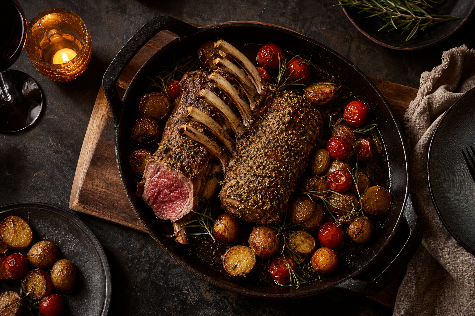 10 Elegant Lamb Dinner Ideas 14 Rack of lamb in cast iron skillet with roasted cherry tomatoes baby potatoes and herb crust