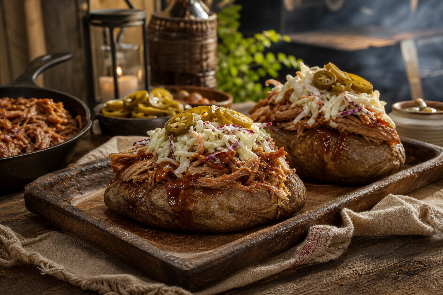 15 Loaded Baked Potato Bar Ideas for Parties 20 BBQ baked potato loaded with pulled pork, coleslaw, BBQ sauce, and pickled jalapeños outdoors