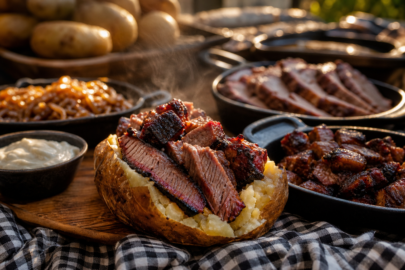15 Loaded Baked Potato Bar Ideas for Parties 21 Smoked brisket and burnt ends loaded onto a split baked potato at a BBQ bar station