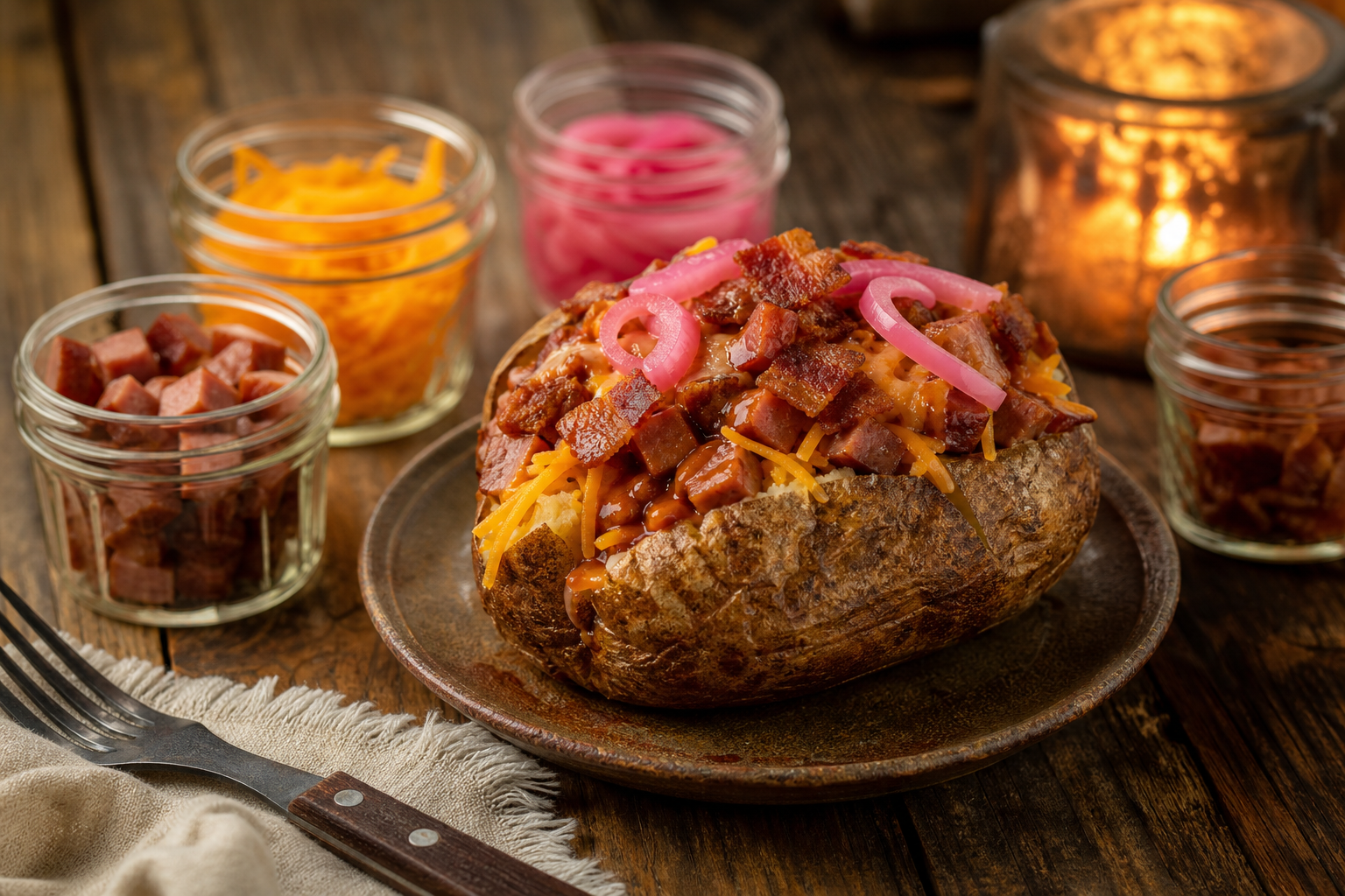 15 Loaded Baked Potato Bar Ideas for Parties 22 BBQ baked potato with smoked cheddar, smoked sausage, pickled onions, and bacon