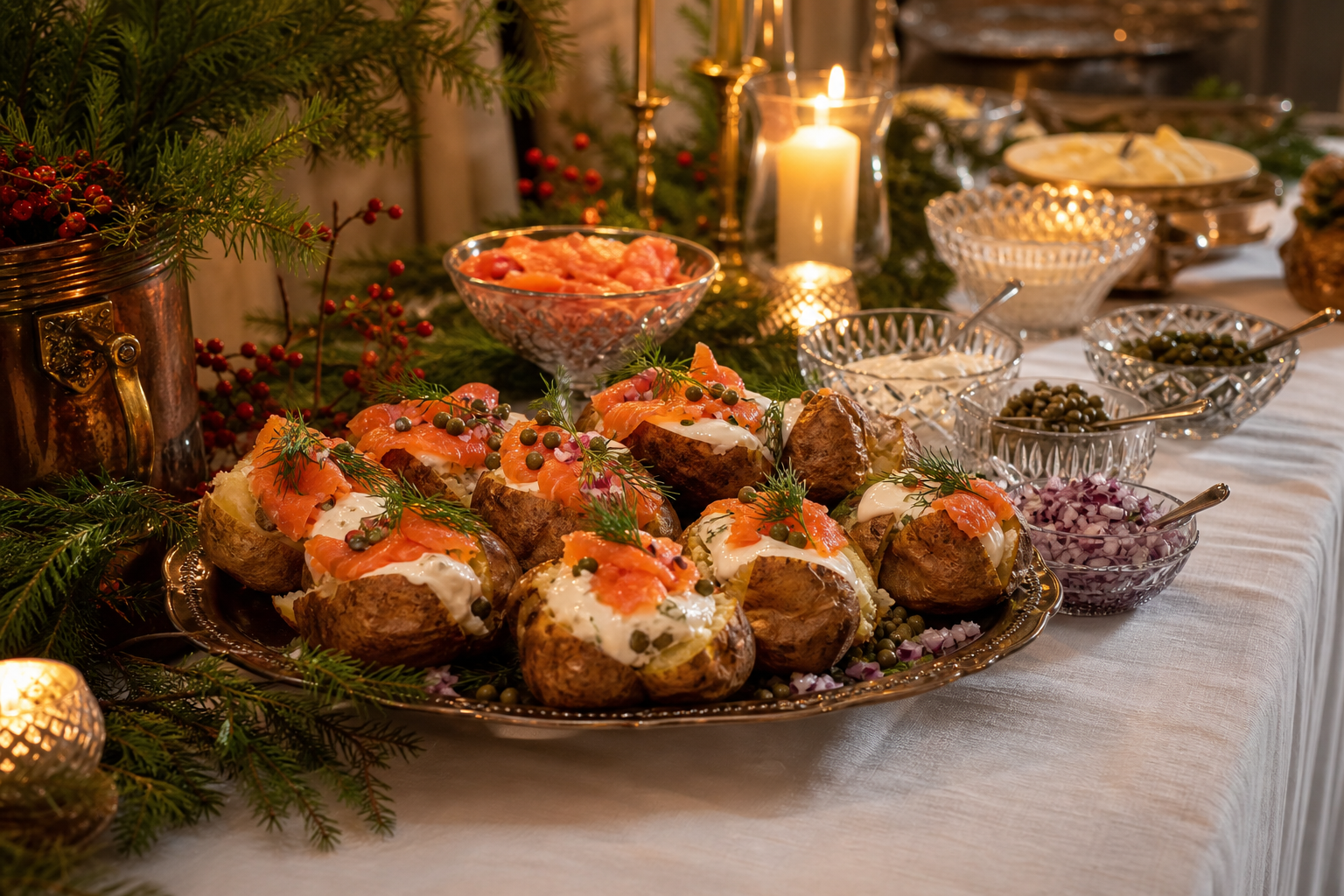 15 Loaded Baked Potato Bar Ideas for Parties 29 Holiday baked potato with smoked salmon, crème fraîche, capers, red onion, and dill