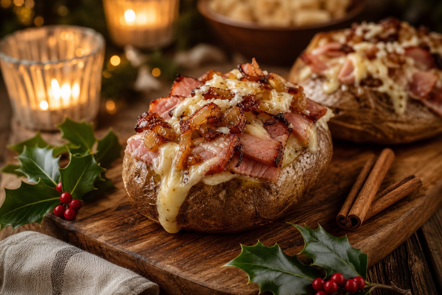 15 Loaded Baked Potato Bar Ideas for Parties 30 Holiday baked potato with glazed ham, honey Dijon, caramelized onions, and white cheddar