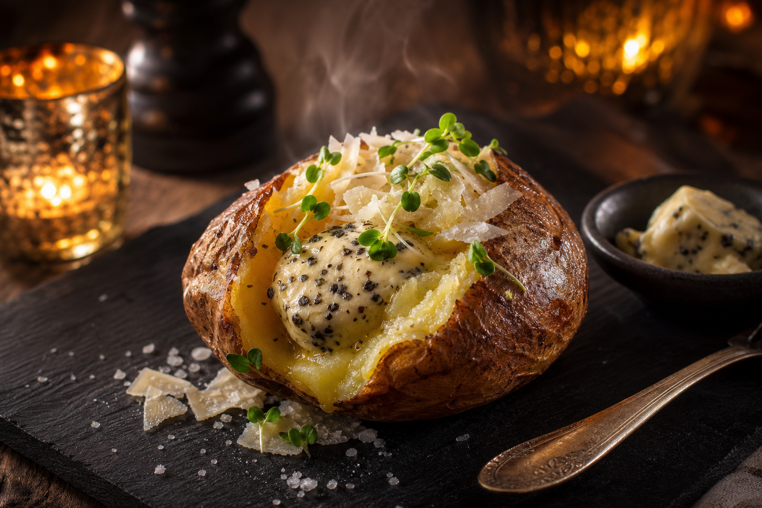 15 Loaded Baked Potato Bar Ideas for Parties 31 Luxury holiday baked potato with black truffle butter, shaved Parmesan, and microgreens