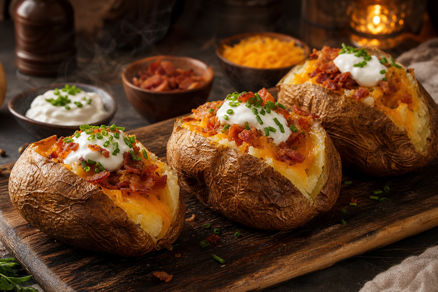 15 Loaded Baked Potato Bar Ideas for Parties 17 Classic loaded baked potatoes with cheddar, bacon, sour cream, and chives on a rustic board