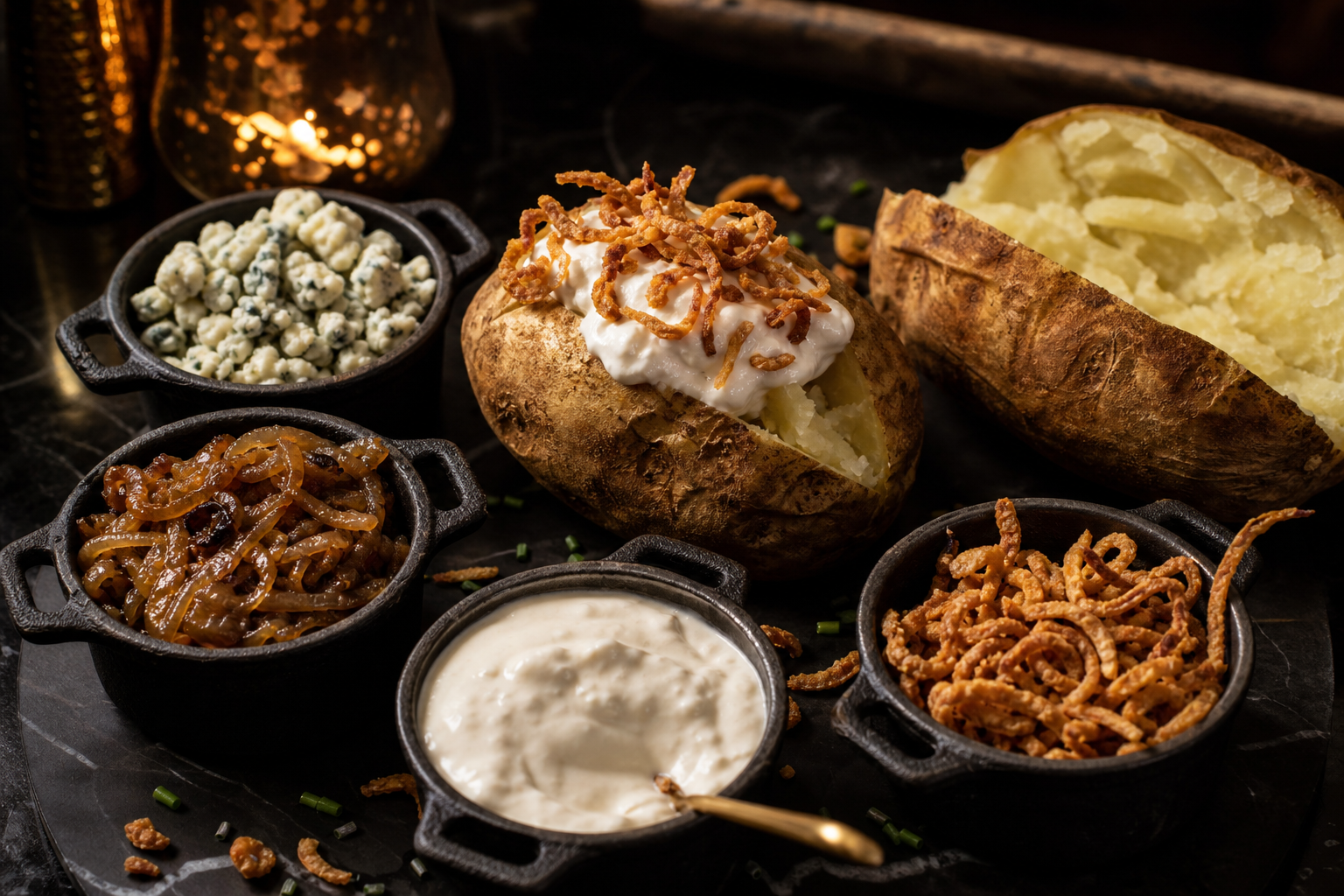 15 Loaded Baked Potato Bar Ideas for Parties 18 Steakhouse baked potato topped with horseradish cream and crispy shallots on dark marble