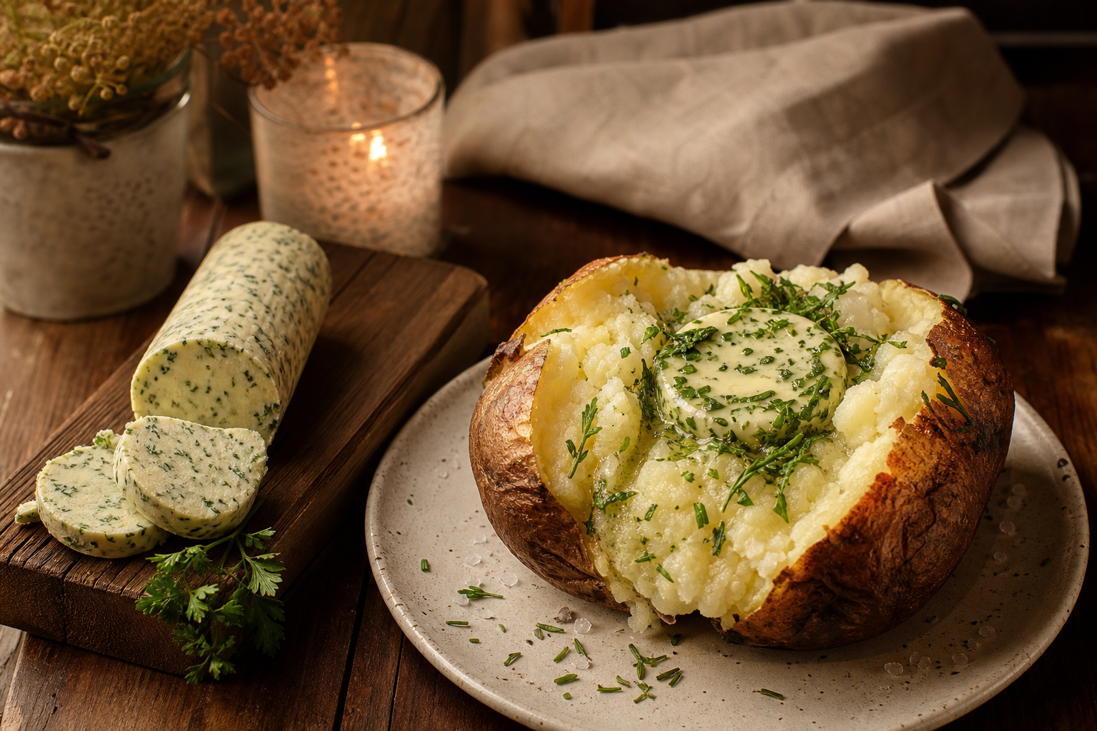 15 Loaded Baked Potato Bar Ideas for Parties 19 Baked potato loaded with melting herb compound butter and fresh chopped herbs