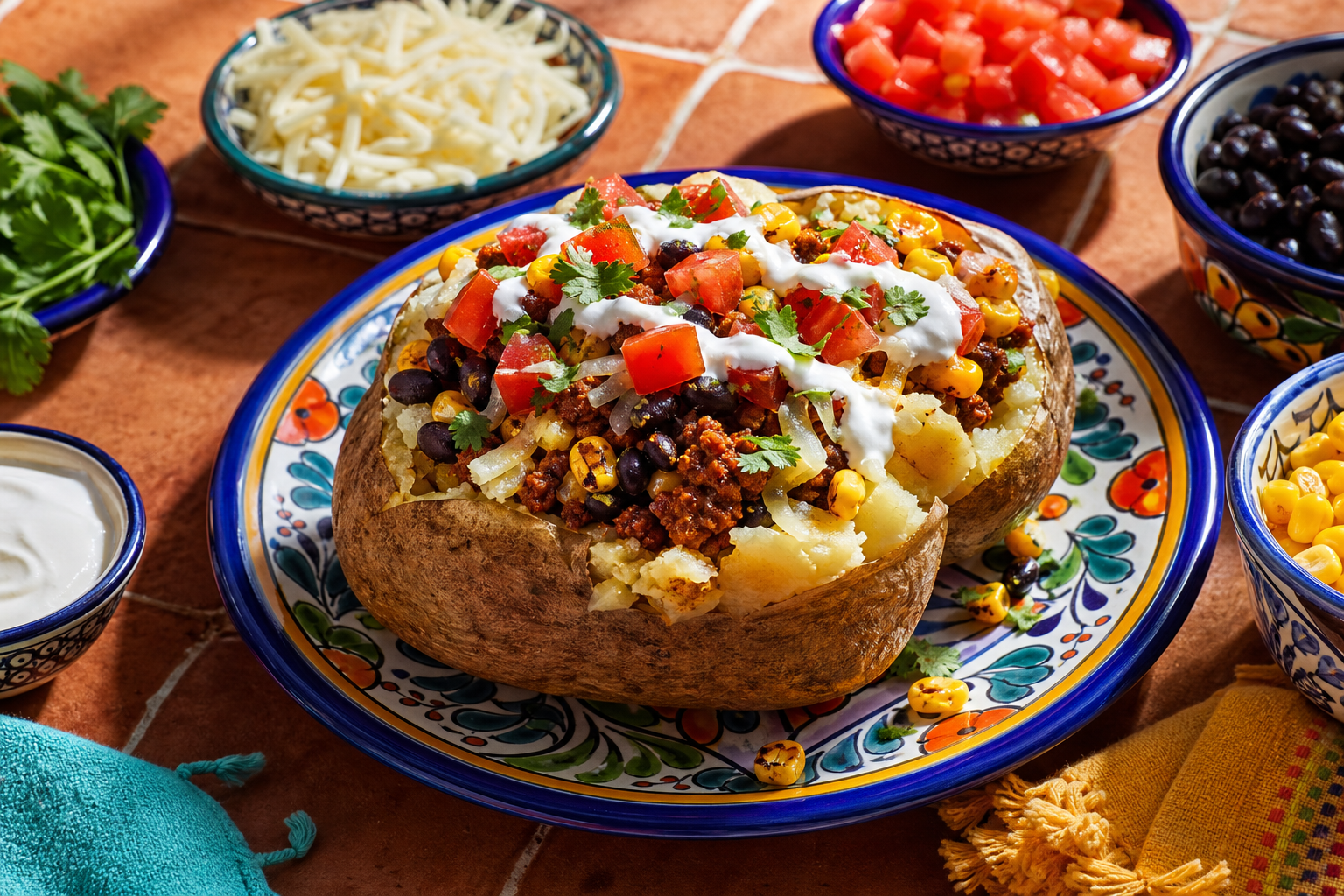 15 Loaded Baked Potato Bar Ideas for Parties 23 Tex-Mex baked potato with taco beef, black beans, corn, cheese, and cilantro