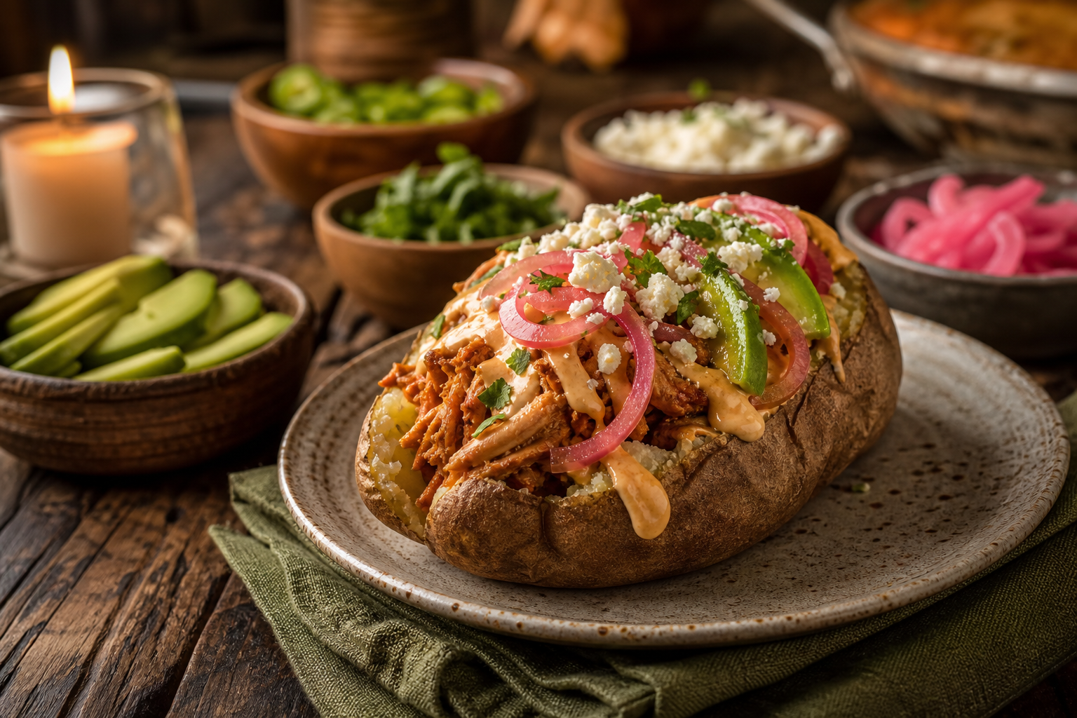 15 Loaded Baked Potato Bar Ideas for Parties 24 Chipotle chicken baked potato with avocado, cotija, pickled onions, and chipotle crema