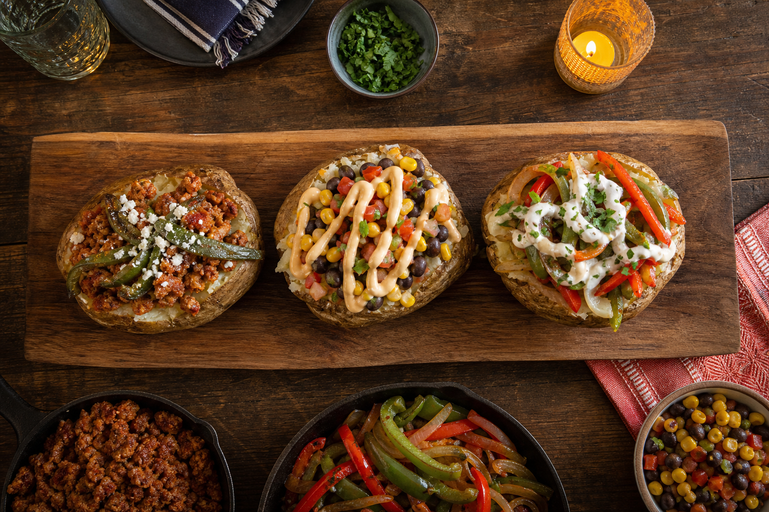 15 Loaded Baked Potato Bar Ideas for Parties 25 Three Tex-Mex baked potatoes with chorizo, fajita vegetables, and black bean salsa toppings