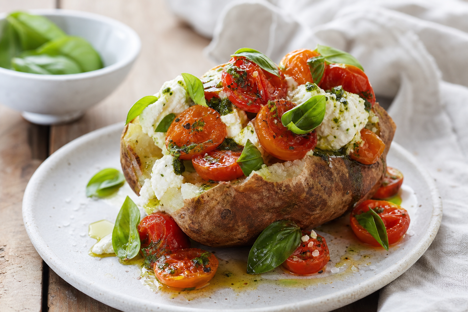 15 Loaded Baked Potato Bar Ideas for Parties 26 Vegetarian baked potato with roasted cherry tomatoes, whipped ricotta, and herb oil