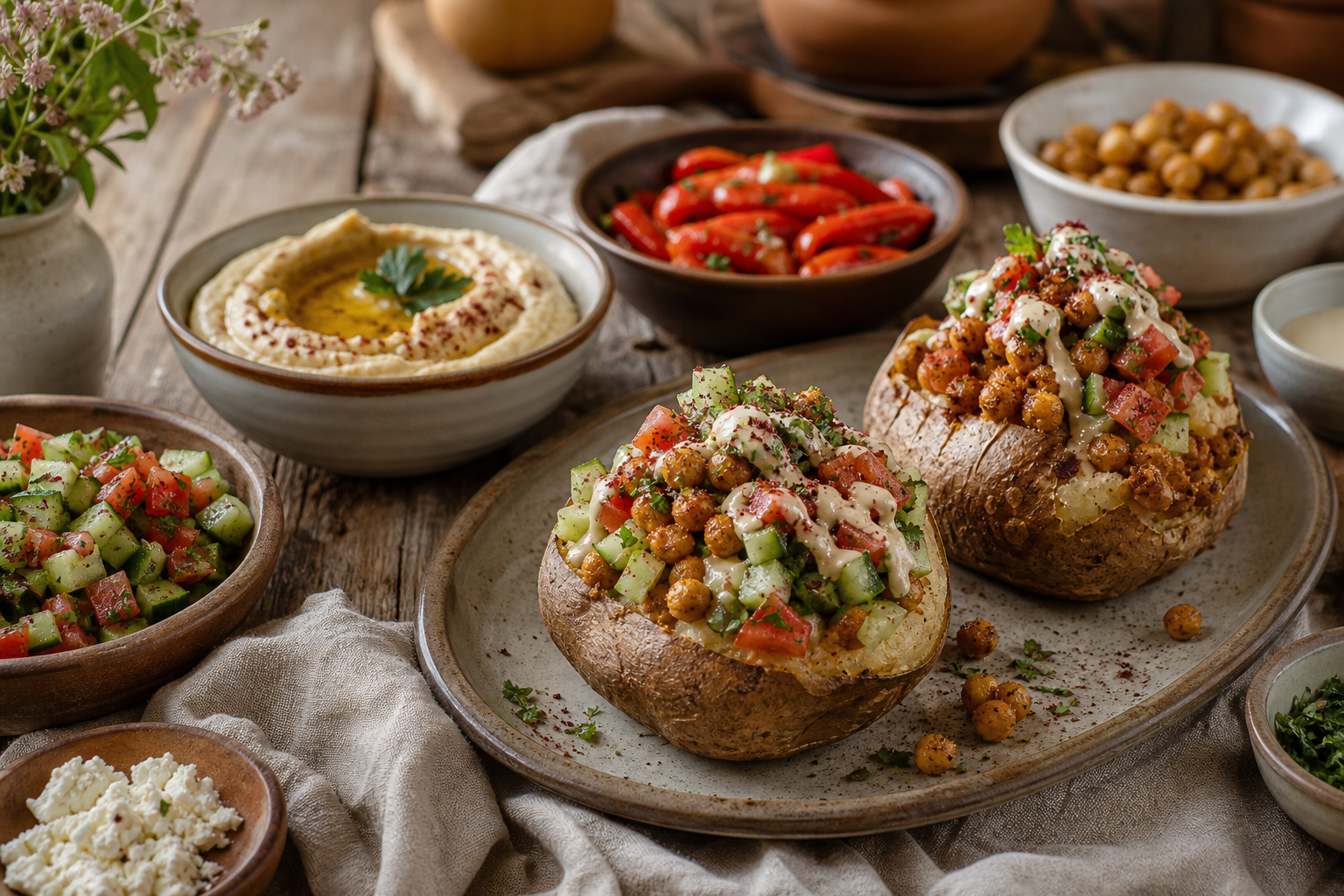 15 Loaded Baked Potato Bar Ideas for Parties 27 Mediterranean vegetarian baked potato with roasted chickpeas, tahini, feta, and sumac