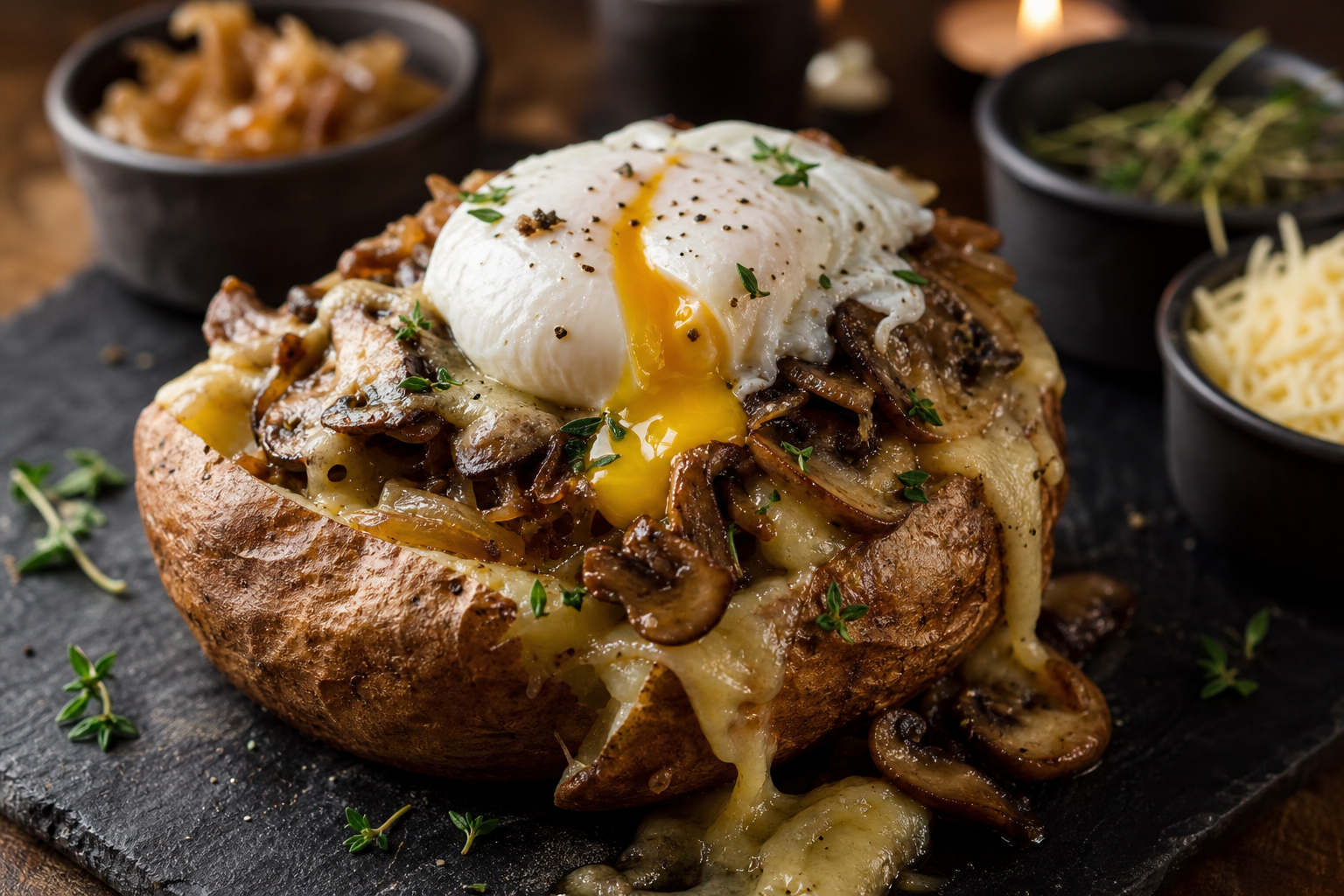 15 Loaded Baked Potato Bar Ideas for Parties 28 Vegetarian baked potato with wild mushrooms, caramelized onions, Gruyère, and poached egg