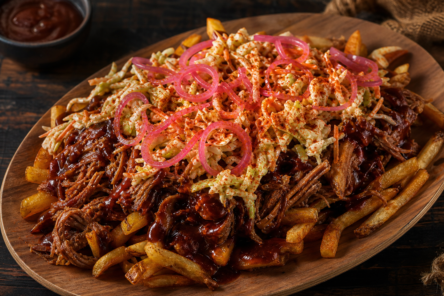 Wooden board of thick fries topped with pulled pork, BBQ sauce, coleslaw, and pickled onions