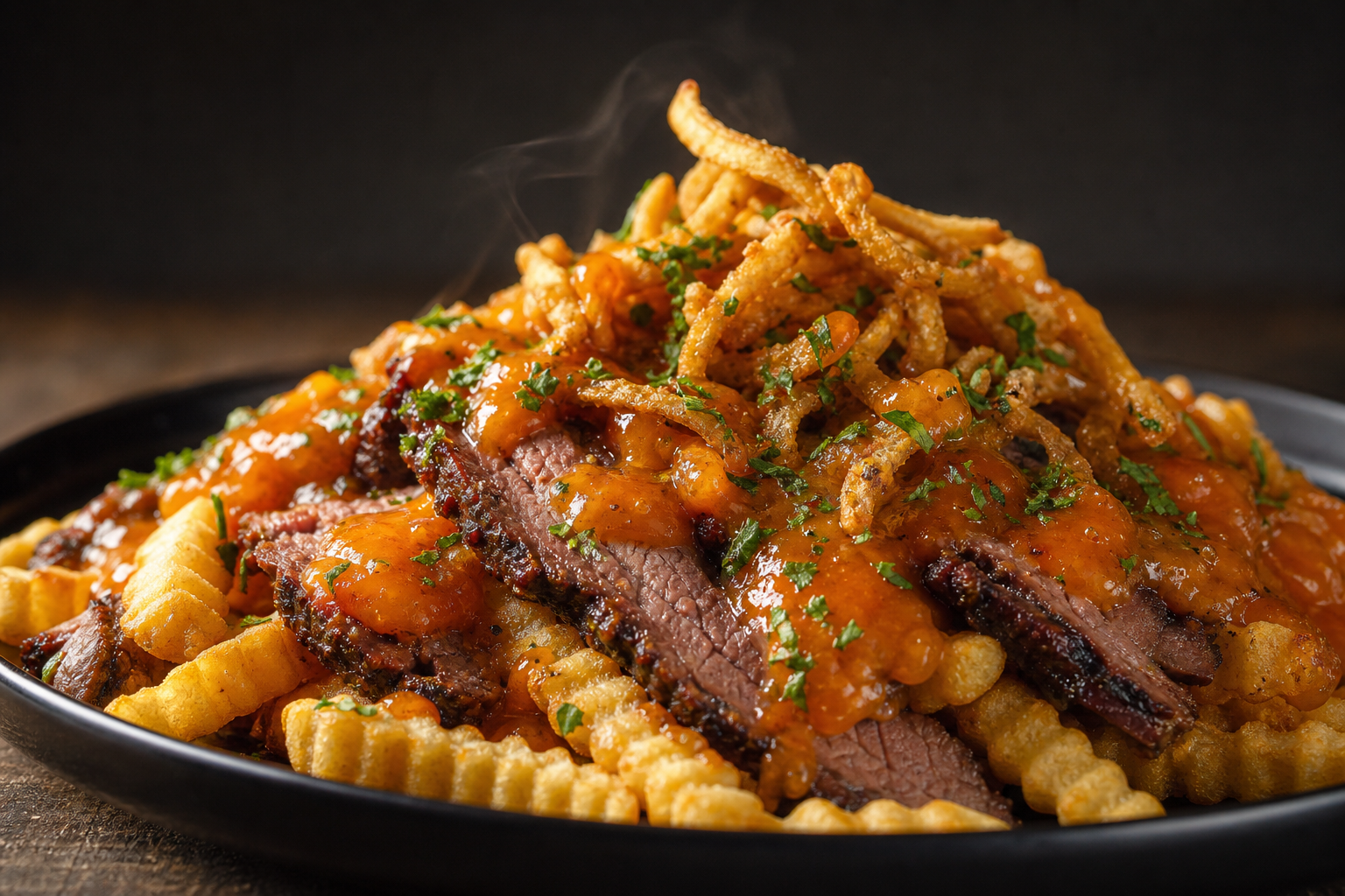 Crinkle-cut fries topped with smoked brisket, sweet sour BBQ sauce, and crispy fried onion strings