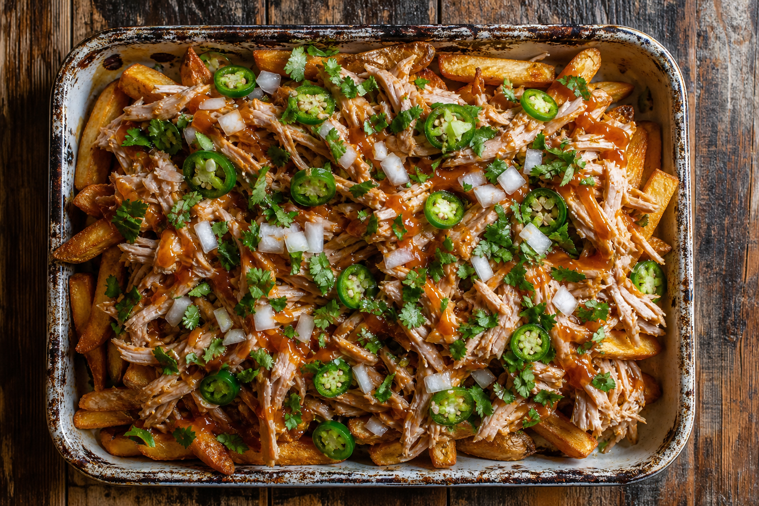 Steak fries with smoked chicken, Carolina vinegar BBQ sauce, jalapeños, and fresh cilantro
