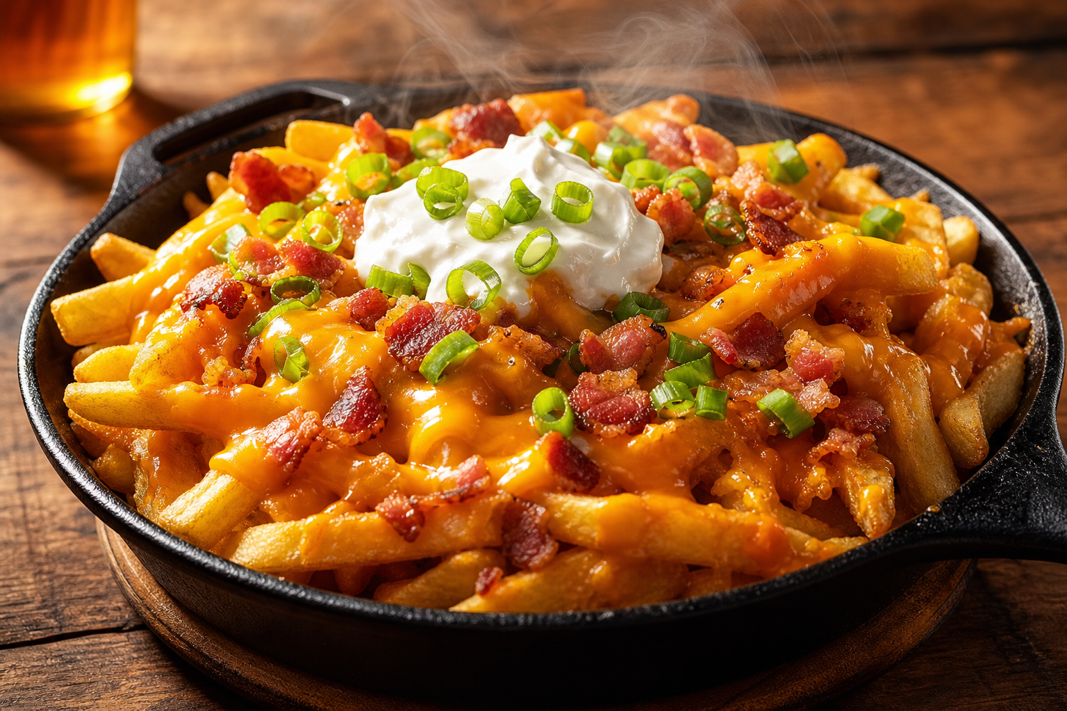 Cast iron skillet of loaded fries covered in cheddar sauce, bacon, green onions, and sour cream