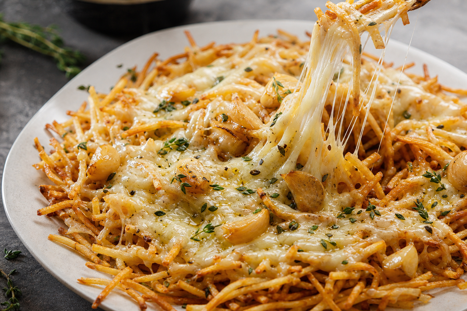 Shoestring fries with four-cheese blend, roasted garlic, thyme, and truffle oil drizzle