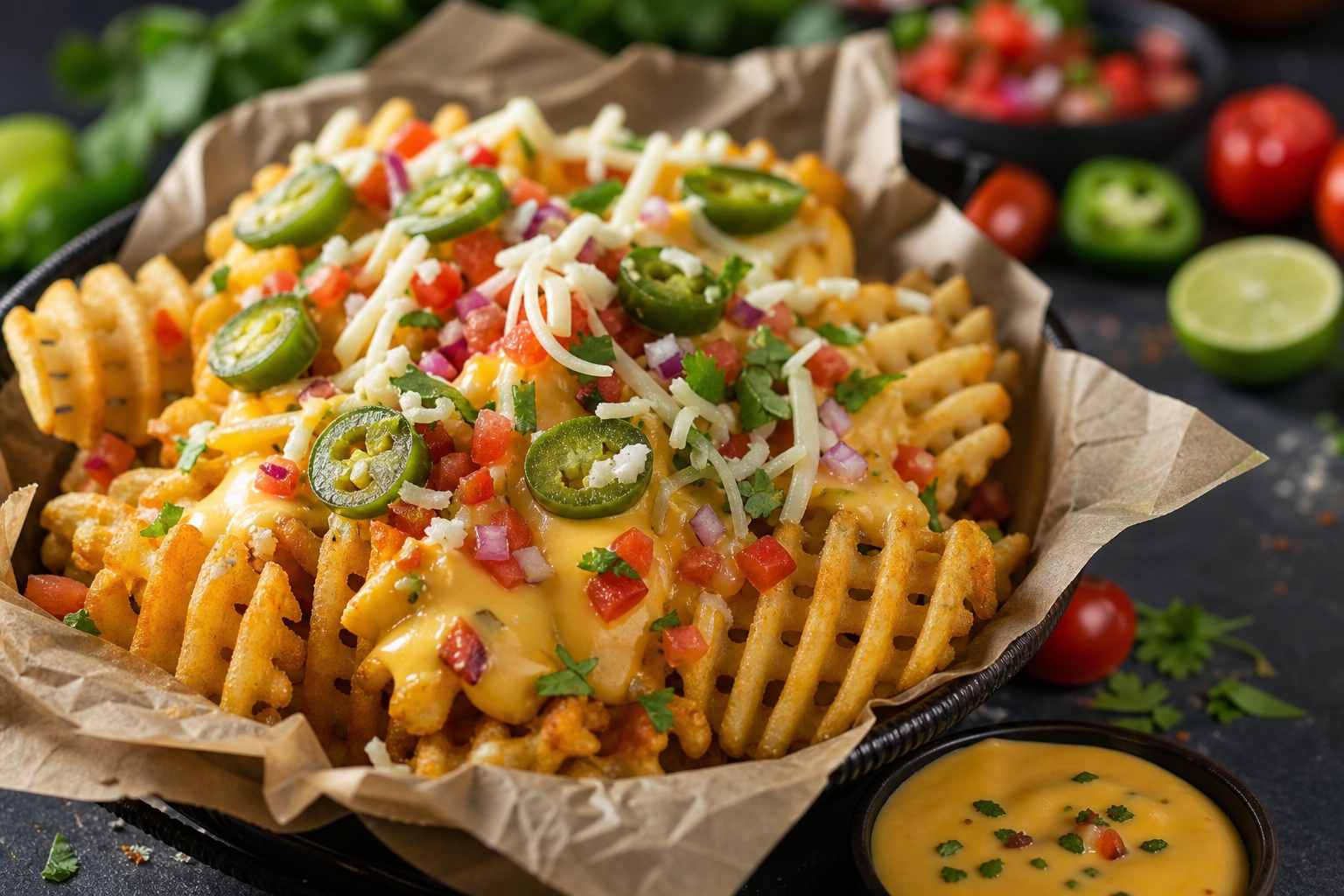 Waffle fries loaded with queso dip, pickled jalapeños, pico de gallo, and pepper jack cheese