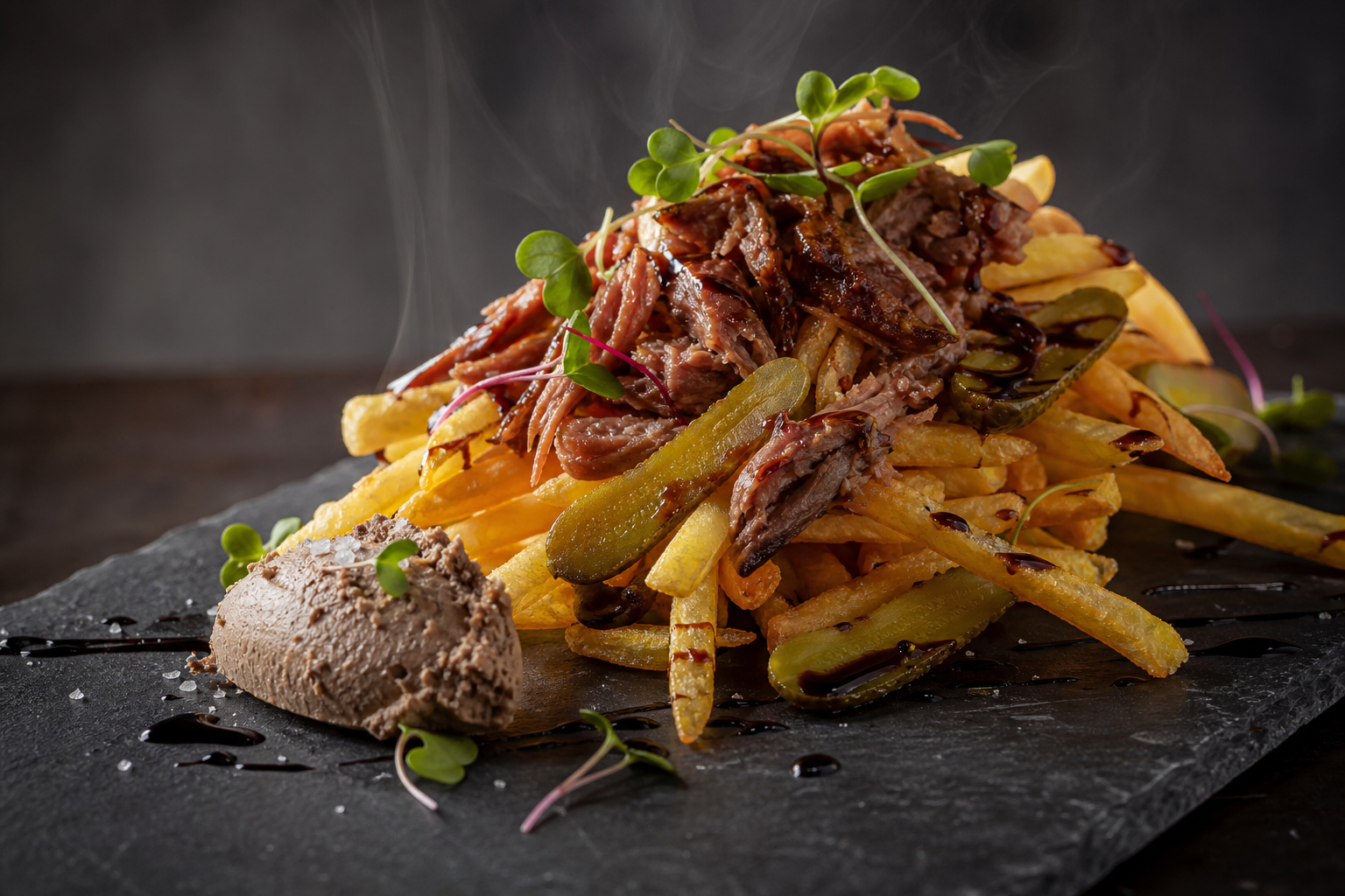 Elegant slate board of pomme frites with duck confit, duck liver pâté, cornichons, and microgreens