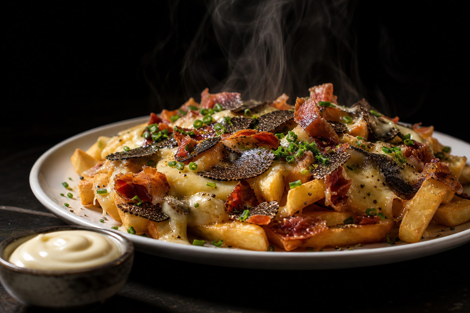 Belgian fries topped with shaved black truffle, melted raclette cheese, prosciutto, and fresh chives